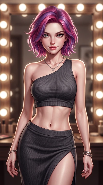score_9, masterpiece, best quality, ultra-detailed, high-budget anime keyframe, editorial fashion photography, tasteful artistic composition, Caucasian woman. close-up cowboy shot from the waist and thighs up, the character dominates the composition,