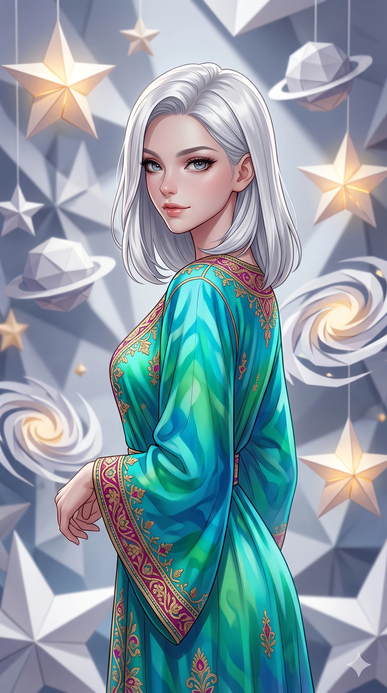 score_9, masterpiece, best quality, ultra-detailed, high-budget anime keyframe, editorial fashion photography, tasteful artistic composition, Korean woman. close-up cowboy shot from the waist and thighs up, the character dominates the composition, filling the frame with her large presence, background elements kept in soft focus. Glancing sidelong over her shoulder with a smoldering half-smile. set against a soft-focus background of a dimension made entirely of folded paper where origami stars planets and spiral galaxies float in precise geometric formations with crisp paper folds catching light at every angle. She has an exceptionally elegant and slender, willowy female figure with an ultra-slim waist, a gracefully sculpted slender torso, and a refined slim physique. sharp v-shaped jawline, high-bridge nose, intricate jewel-like eyes with depth, thick eyelashes, glossy lips with a natural sheen. wearing a flowing silk kaftan dress in a vibrant turquoise and emerald gradient, decorated with intricate gold and magenta embroidery. clean white directional light from above casting sharp geometric shadows from the paper structures with subtle warm golden glow emanating from within the origami stars. 2k, ultra detail, master piece, 9:16 ratio