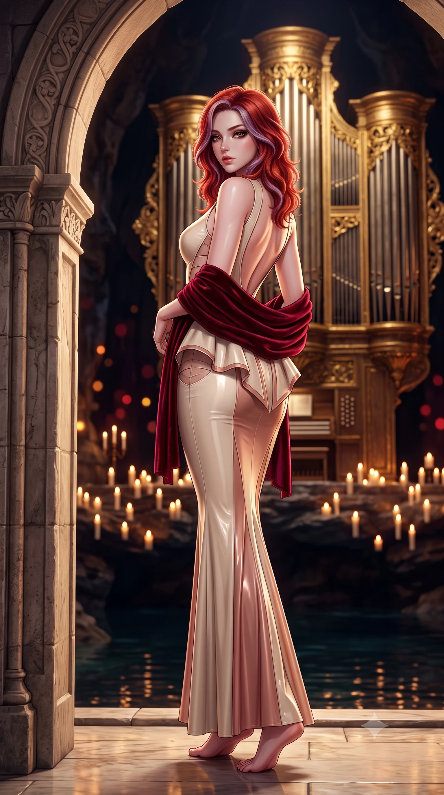 score_9, masterpiece, best quality, ultra-detailed, high-budget anime keyframe, semi-realistic 3D game render, editorial fashion photography, tasteful artistic composition, Caucasian woman. low angle full-body shot from head to toe showing her feet, filling the entire 9:16 vertical frame with her statuesque presence, stretching her vertical silhouette. leaning deep against the structural architecture with hips cocked in an unapologetically bold, seductive high-fashion stance while standing poised before a colossal gold-leaf pipe organ, twisting her slender torso in an alluring S-curve with smoldering gothic bedroom-eyes. The composition keeps background elements in soft focus with creamy bokeh. thousands of flickering floating candles and dark cavern lake ripples blurred into deep obsidian, molten gold, and blood-ruby bokeh. She has an exceptionally tall and slender model-like 8.5-heads proportion, an ultra-slim waist, a flat toned midriff, narrow delicate ribcage, and beautifully sculpted feminine hips creating a graceful, slim hourglass silhouette without any bulky heaviness, with impossibly long slender legs. sharp v-shaped jawline, high-bridge nose, intricate jewel-like eyes with depth, thick eyelashes, glossy parted lips with a natural sheen, intensely captivating and seductive bedroom-eyes expression, flawlessly proportioned anatomical accuracy, strict slender model proportions, natural body alignment, perfectly sculpted long slender limbs, ultra-slim waistline, clean dynamic posture without body distortion. wearing a structural geometric peplum gown with sheer side-ribbon cutouts and form-fitting skirt in vintage champagne ivory and delicate rose gold, tailored from second-skin aerodynamic stretch vinyl with specular wet sheen, complemented by a plush velvet shawl draped loosely over her elbows, the dramatically scooped open back descending to the base of her spine, accentuating her razor-sharp statuesque lines and slim hourglass silhouette. surrounded by an immortal, seductive, and dangerously mesmerizing underground opera queen aura. highly saturated vibrant anime colors, detailed shading with soft gradients, rich glossy textures, high-contrast stereoscopic depth, volumetric dynamic lighting, master piece, 9:16 ratio
