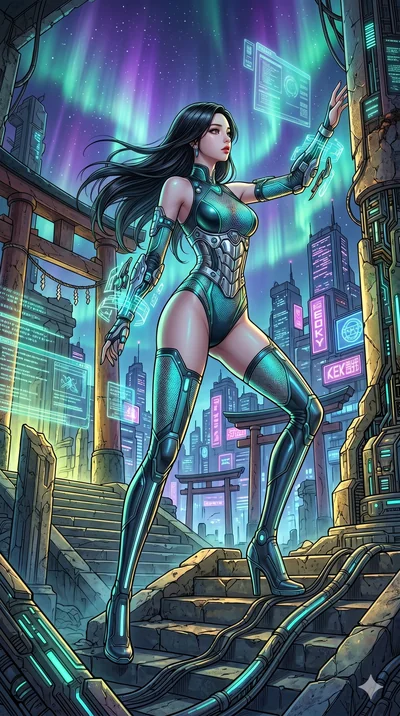 score_9, masterpiece, best quality, ultra-detailed, high-budget anime movie keyframe, cinematic anime lighting, intricate line art, Korean woman. Dynamic full-body shot stretching the vertical silhouette across the 9:16 frame. exploring lost ruins in