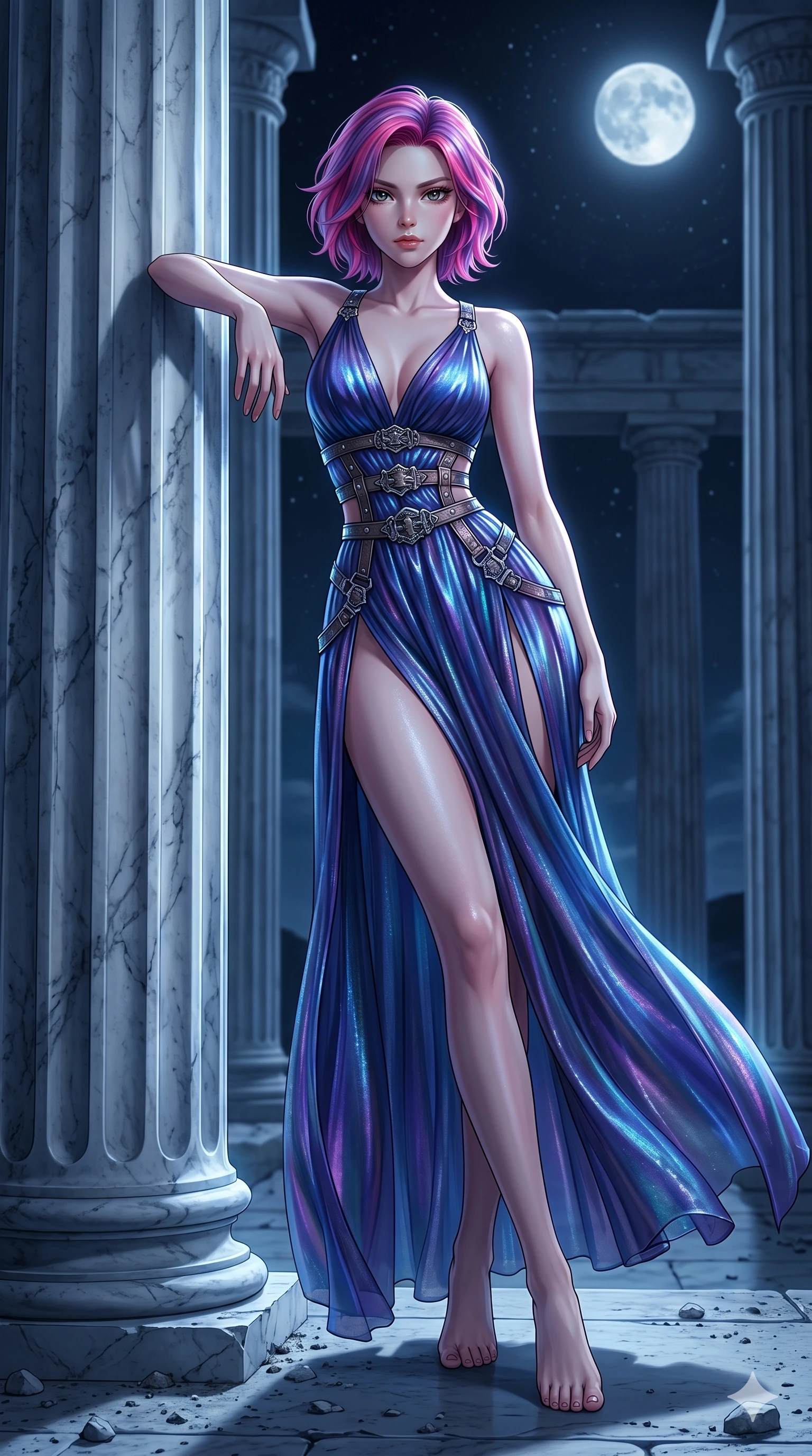 score_9, masterpiece, best quality, ultra-detailed, High-budget Anime Keyframe, East Asian woman. Low angle cowboy shot filling the entire 9:16 frame with her statuesque presence. Scenario 183: Leaning against a cold marble pillar in a moonlit greek temple. Her presence is magnetic and overpowering in this high-budget anime scene. Outfit 183: A shimmering chiffon liquid with a thigh-high slit and metallic buckles. The clothing is designed to emphasize her exceptionally tall and slender 8-heads proportion. 8-heads proportion, towering silhouette, ultra-slim waist. sharp v-shaped jawline, intricate jewel-like eyes with depth, thick eyelashes, glossy lips. 2k, ultra detail, master piece, 9:16 ratio