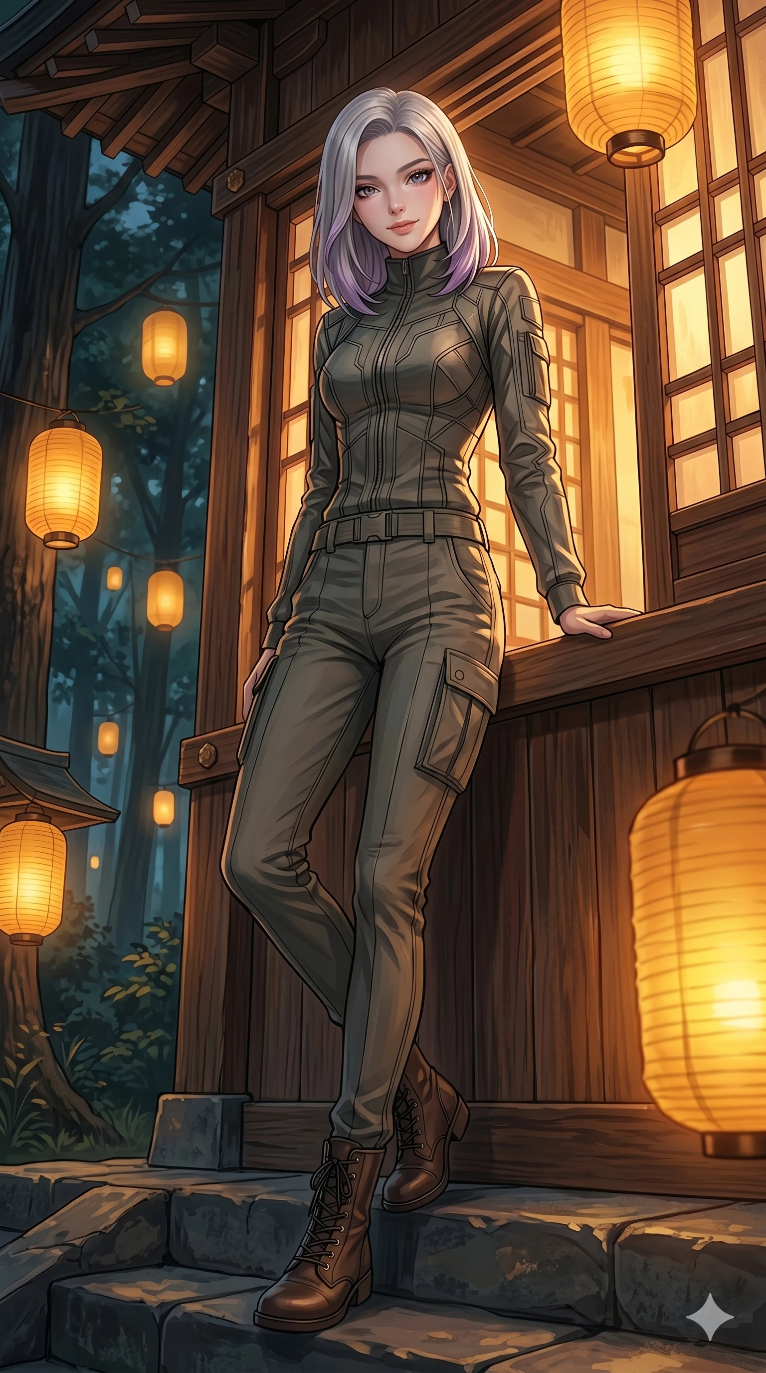 score_9, masterpiece, best quality, ultra-detailed, high-budget anime keyframe, editorial fashion photography, tasteful artistic composition, Caucasian woman, strictly human ears. low angle full-body shot from head to toe showing her feet, filling the entire 9:16 vertical frame with her statuesque presence, stretching her vertical silhouette. leaning against the wooden window frame, looking at the viewer with a soft, inviting smile in a sacred shinto forest with floating golden lanterns at twilight (Code-P18-035). She has an absolutely perfect 8-heads proportion, an exceptionally tall and slender female figure with impossibly long slender legs and an ultra-slim waist. V-shaped jawline, high-bridge nose, intricate jewel-like eyes with depth, thick eyelashes, glossy lips with a natural sheen. wearing a high-neck long-sleeved flight jacket over tailored cargo pants. warm amber firelight casting dancing shadows and a soft golden glow over her features. 2k, ultra detail, master piece, 9:16 ratio