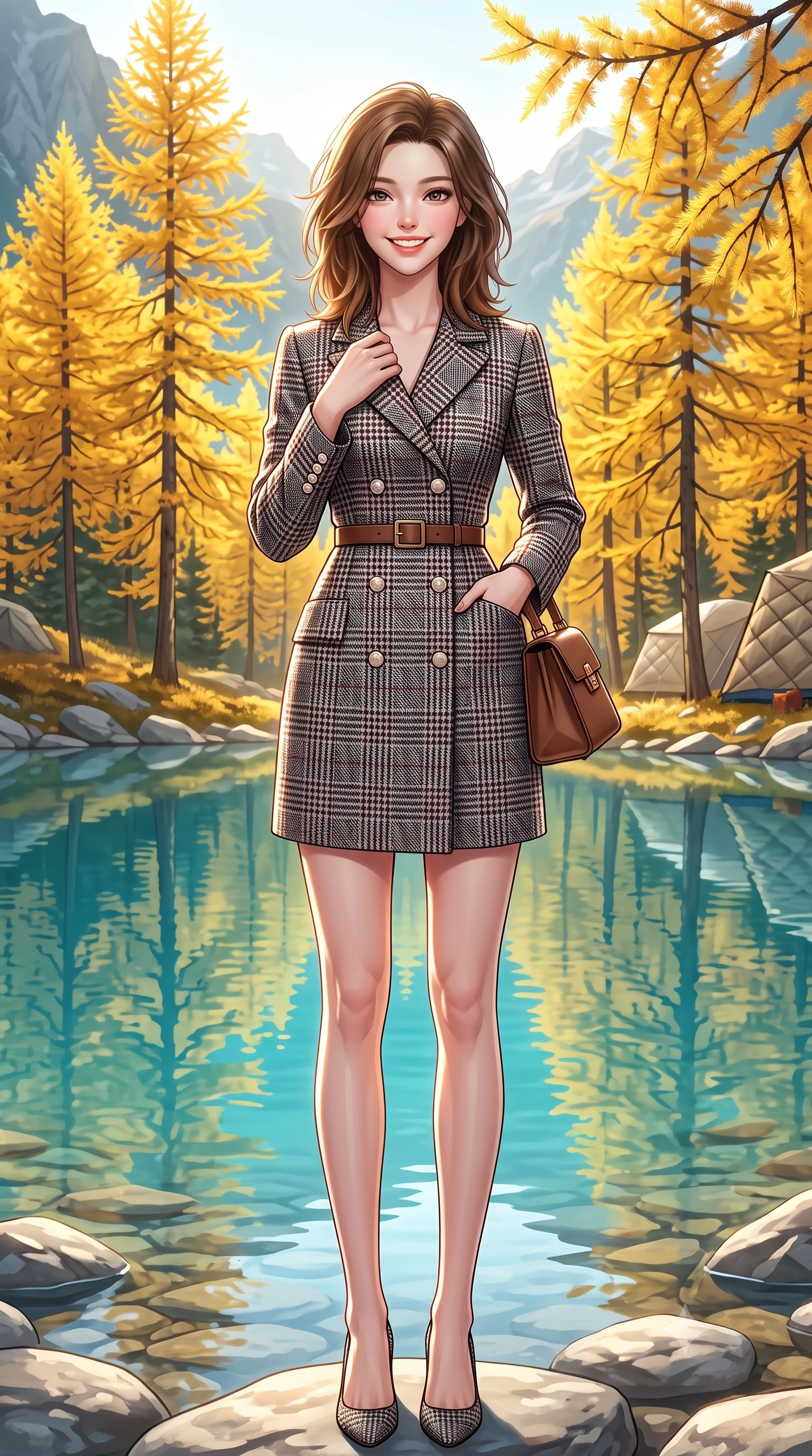 score_9, masterpiece, best quality, ultra-detailed, high-budget anime keyframe, semi-realistic 3D game render, editorial fashion photography, tasteful artistic composition, Korean woman. low angle full-body shot from head to toe showing her feet, filling the entire 9:16 vertical frame with her statuesque presence, stretching her vertical silhouette. standing tall and centered in the frame with hands tucked into her coat pockets, radiating statuesque poise and calm warmth while pausing beneath a stand of brilliant golden larch trees reflecting in the turquoise water, holding her coat lapels with refined elegance. The surrounding environment is rendered in vivid detail and crisp panoramic clarity: detailed quilted down-tailored coat quilting, high funnel neck collar, and alpine lakeside topography in high resolution. She has an exceptionally tall and slender model-like 8.5-heads proportion, an ultra-slim waist, a flat toned midriff, narrow delicate ribcage, and beautifully sculpted feminine hips creating a graceful, slim hourglass silhouette without any bulky heaviness, with impossibly long slender legs. sharp v-shaped jawline, high-bridge nose, intricate jewel-like sparkling eyes with depth, thick eyelashes, glossy parted lips with a natural peach sheen, bright cheerful beaming smile with an enchanting and coquettish sensual glint, exuding both youthful cute charm and seductive allure, flawlessly proportioned anatomical accuracy, strict slender model proportions, natural body alignment, perfectly sculpted long slender limbs, ultra-slim waistline, clean dynamic posture without body distortion. wearing a structured double-breasted tweed dress with notched lapels, long sleeves, and decorative mother-of-pearl buttons in classic glen plaid monochrome with subtle wine red accent, tailored from heavyweight double-faced wool with clean architectural edges, finished with a structured leather top-handle mini bag resting gracefully at her side, the structured cinched belt emphasizing her narrow waistline and gracefully balanced proportions with timeless haute-couture polish. bathed in crisp, sparkling morning sun breaking over mountain crests, illuminating lake mist with ethereal golden backlighting. highly saturated vibrant anime colors, detailed shading with soft gradients, rich glossy textures, high-contrast stereoscopic depth, volumetric dynamic lighting, master piece, 9:16 ratio