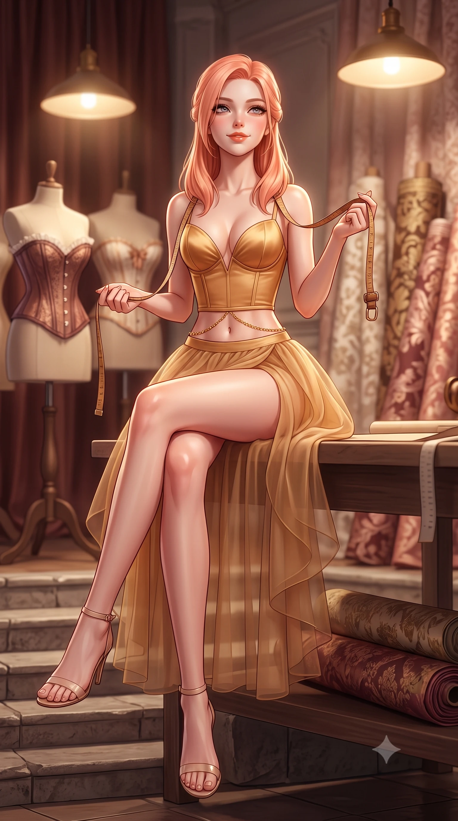 score_9, masterpiece, best quality, ultra-detailed, high-budget anime keyframe, semi-realistic 3D game render, editorial fashion photography, tasteful artistic composition, Japanese woman. low angle full-body shot from head to toe showing her feet, filling the entire 9:16 vertical frame with her statuesque presence, stretching her vertical silhouette. sitting poised on the stone steps with one knee bent, arching her spine with supermodel elegance as she glances upward through thick eyelashes while sitting perched on the tailor's cutting table with legs extended, holding a vintage measuring tape with playful seductive cool. The background shows a soft-focus antique mannequin silhouettes wearing Victorian opera corsets and rolls of vintage brocade blurred into mahogany, cream, and rose-gold bokeh. She has an absolutely perfect, statuesque 8.5-heads proportion, an exceptionally tall and slender model-like female figure with impossibly long slender legs, an ultra-slim waist, a flat toned midriff, narrow delicate ribcage, and beautifully sculpted feminine hips creating a graceful, slim hourglass silhouette without any bulky heaviness. sharp v-shaped jawline, high-bridge nose, sparkling eyes with hypnotic seductive depth, thick curled eyelashes, glossy parted lips with a natural dewy peach sheen, alluring bedroom-eyes with an enchanting coquettish smile, exuding magnetic siren charisma and sophisticated glamour, flawlessly proportioned anatomical accuracy, strict slender model proportions, natural body alignment, perfectly sculpted long slender limbs, ultra-slim waistline, clean dynamic posture without body distortion. wearing a plunging sweetheart-neckline boned satin ballet bustier paired with an ultra-short sheer tulle micro-tutu and silk stockings in warm amber honey and antique gold leaf, made of sheer gossamer chiffon that drapes softly against skin with airy translucence, accented with a dainty gold belly chain resting across her flat midriff and curving hips, the high-slit wrap tailoring accentuating her ultra-slim waistline and the enchanting curve of her feminine hips with alluring seductive charm. bathed in soft warm incandescent atelier lamps hanging low over work tables. highly saturated vibrant anime colors, detailed shading with soft gradients, rich glossy textures, high-contrast stereoscopic depth, volumetric dynamic lighting, master piece, 9:16 ratio