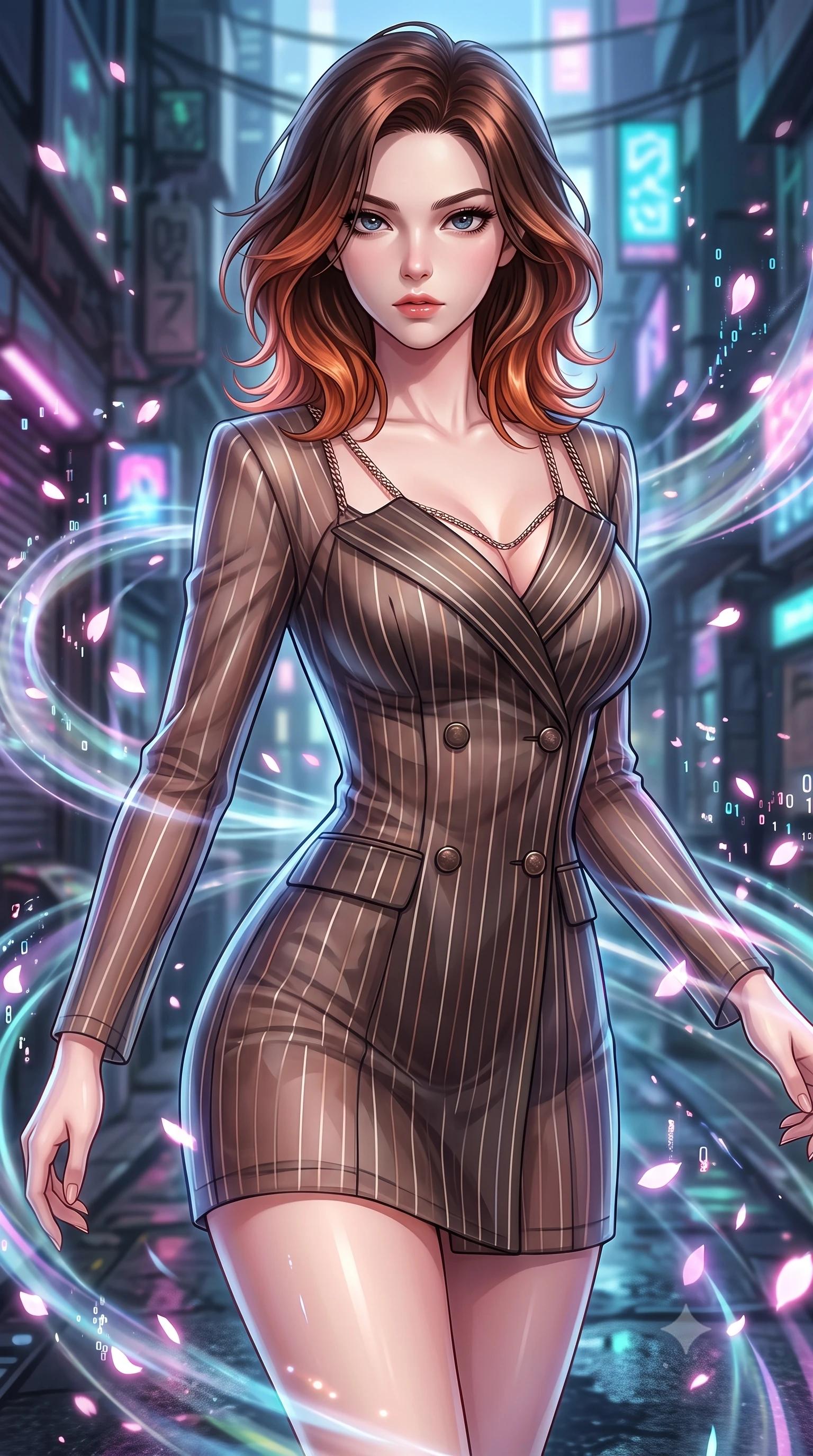 score_9, masterpiece, best quality, ultra-detailed, high-budget anime keyframe, editorial fashion photography, tasteful artistic composition, Korean woman. close-up cowboy shot from the waist and thighs up, the character dominates the composition, filling the frame with her large presence, background elements kept in soft focus. Gazing past the lens with composed intensity as her torso curves dynamically in mid-motion while forging forward through a cybernetic alleyway as holographic wind swirls around her, digital sakura petals flickering into binary code sparks as they float by. She has an exceptionally elegant, slender, and willowy female figure with an ultra-slim waist, a gracefully sculpted slender torso, and a refined silhouette. sharp v-shaped jawline, high-bridge nose, intricate jewel-like eyes with depth, thick eyelashes, glossy lips with a natural sheen, flawlessly proportioned anatomical accuracy, natural body alignment, perfectly sculpted elegant limbs, clean dynamic posture without body distortion. wearing a double-breasted blazer dress with subtle metallic pin-stripes in espresso brown and warm cream, woven from fine semi-opaque sheer organza, adorned with delicate metallic chain straps along the neckline, the tailored fabric tightly following every curve of her athletic build. illuminated by glowing holographic sakura radiance and wet specular reflections. highly saturated vibrant anime colors, detailed shading with soft gradients, rich glossy textures, high-contrast stereoscopic depth, volumetric dynamic lighting, master piece, 9:16 ratio