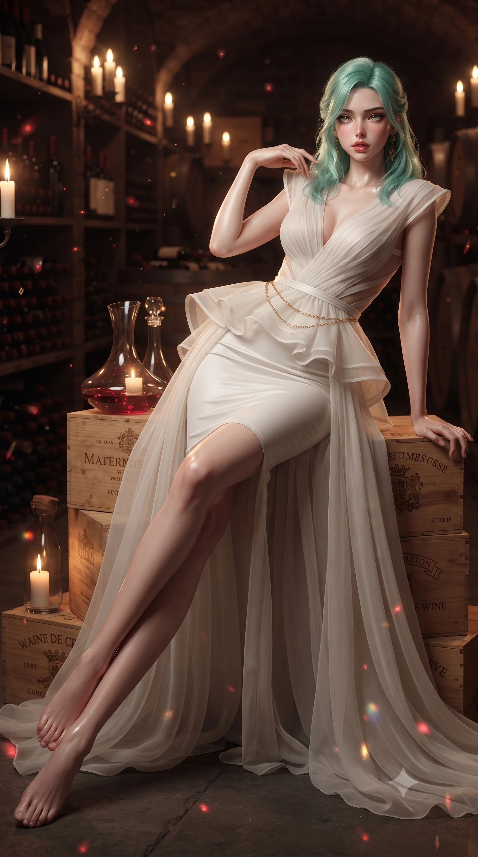 score_9, masterpiece, best quality, ultra-detailed, high-budget anime keyframe, editorial fashion photography, tasteful artistic composition, Japanese woman. low angle full-body shot from head to toe showing her feet, filling the entire 9:16 vertical frame with her statuesque presence, stretching her vertical silhouette. striding forward in a proud supermodel runway stride, hips swaying in an alluring kinetic rhythm that accentuates her curvy hourglass silhouette while reclining languidly atop stacked antique wine crates propped on one elbow, her curvy hips and long slender legs creating a breathtaking line in the candlelit cellar. The composition keeps background elements in soft focus with creamy bokeh. dancing candle flames and crystal wine decanter refractions scattering warm crimson light motes. She has an absolutely perfect, statuesque 8.5-heads proportion, an exceptionally tall and slender model-like female figure with impossibly long slender legs, a toned flat midriff, an ultra-slim waist, and beautifully sculpted feminine hips. sharp v-shaped jawline, high-bridge nose, intricate jewel-like eyes with depth, thick eyelashes, glossy parted lips with a natural sheen, intensely captivating and seductive bedroom-eyes expression, flawlessly proportioned anatomical accuracy, strict slender model proportions, natural body alignment, perfectly sculpted long slender limbs, ultra-slim waistline, clean dynamic posture without body distortion. wearing a structural geometric peplum gown with sheer side-ribbon cutouts and form-fitting skirt in pure alabaster white and antique brass accents, woven from layered gossamer chiffon with a weightless sweeping drape, accented with a delicate gold chain belt resting loosely on her curvy hips, the liquid-tight tailored fabric clinging flawlessly to her narrow waist and rounded feminine hips, emphasizing every millimeter of her sculpted hourglass curves during movement. surrounded by an opulent, intimate, and dangerously intoxicating vintage wine empress aura. ultra-reflective glossy finish, specular highlights, rich textural contrasts, high-contrast stereoscopic depth, volumetric dynamic lighting, 2k, ultra detail, master piece, 9:16 ratio