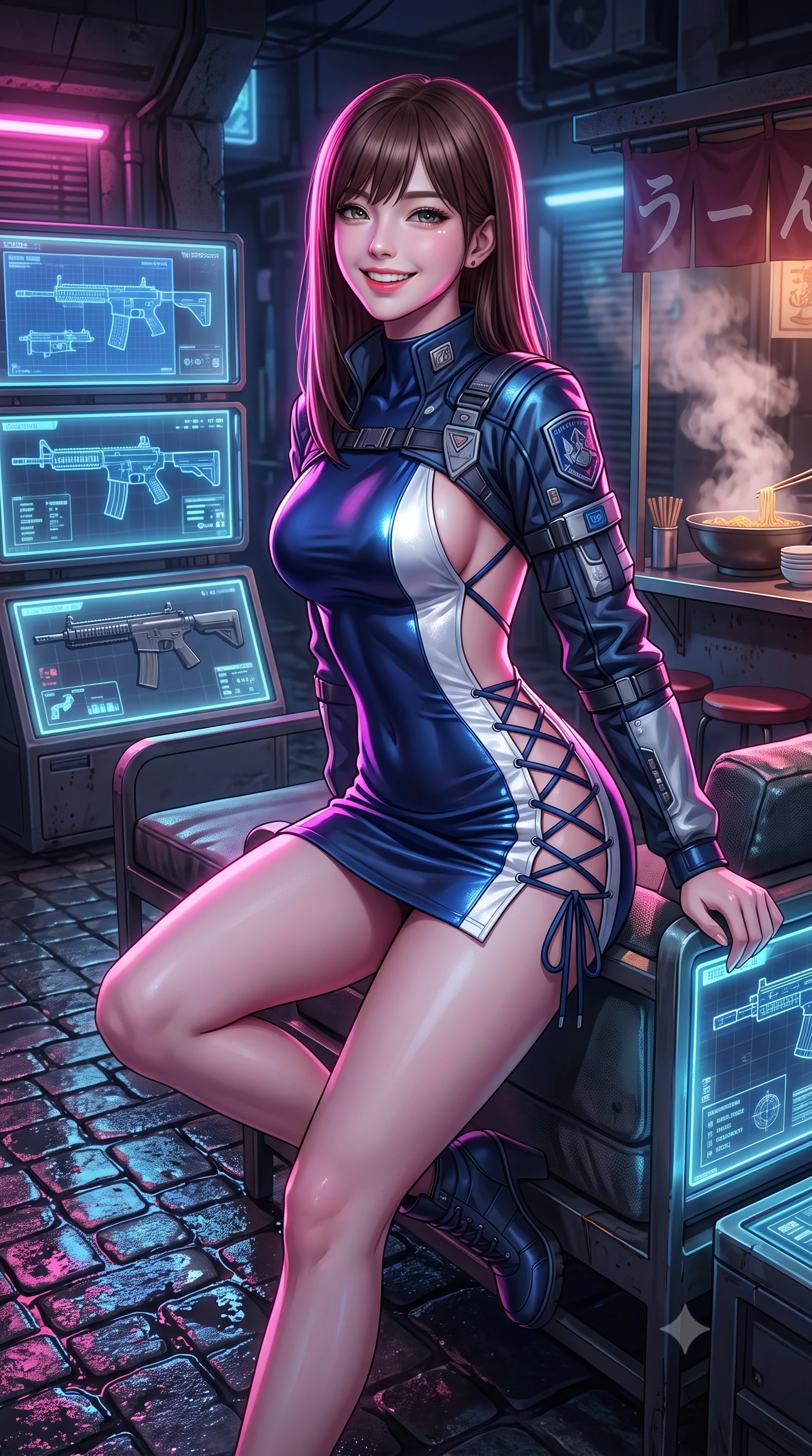 score_9, masterpiece, best quality, ultra-detailed, high-budget anime keyframe, semi-realistic 3D game render, editorial fashion photography, tasteful artistic composition, Korean woman. close-up cowboy shot from the waist and thighs up, the character dominates the composition, filling the frame with her large presence. perched sideways on the lounge seat, one knee drawn up to showcase her slender leg line while her arched back accentuates her feminine hip curve while standing poised on the wet cobblestones between glowing holographic weapon display cases, arching her spine with seductive combat poise as aromatic noodle steam rises. The surrounding environment is rendered in vivid detail and crisp panoramic clarity: detailed tactical jacket tailoring, vibrant anime shading, and gritty subterranean urban craft in razor-sharp precision. She has an exceptionally elegant, slender, and willowy female figure with an ultra-slim waist, flat toned midriff, narrow ribcage, and sculpted feminine hips creating an alluring, slim hourglass silhouette without bulk. sharp v-shaped jawline, high-bridge nose, intricate jewel-like sparkling eyes with depth, thick eyelashes, glossy parted lips with a natural peach sheen, bright cheerful beaming smile with an enchanting and coquettish sensual glint, exuding both youthful cute charm and seductive allure, flawlessly proportioned anatomical accuracy, strict slender model proportions, natural body alignment, perfectly sculpted long slender limbs, ultra-slim waistline, clean dynamic posture without body distortion. wearing a backless liquid foil flight mini dress with criss-cross spinal straps and daring high side slit in pristine orbital navy white and silver starlight, made of fluid liquid jersey with seamless sculpting hold and smooth contours, featuring fine criss-cross lace-up side ties revealing tantalizing glimpses of her hip curve, the impeccably tailored cut draping gracefully along her slender figure with aristocratic poise. illuminated by puddle reflection bounce and sharp neon-pink rim lights sculpting her jawline, narrow waist, and curvy hips. highly saturated vibrant anime colors, detailed shading with soft gradients, rich glossy textures, high-contrast stereoscopic depth, volumetric dynamic lighting, master piece, 9:16 ratio