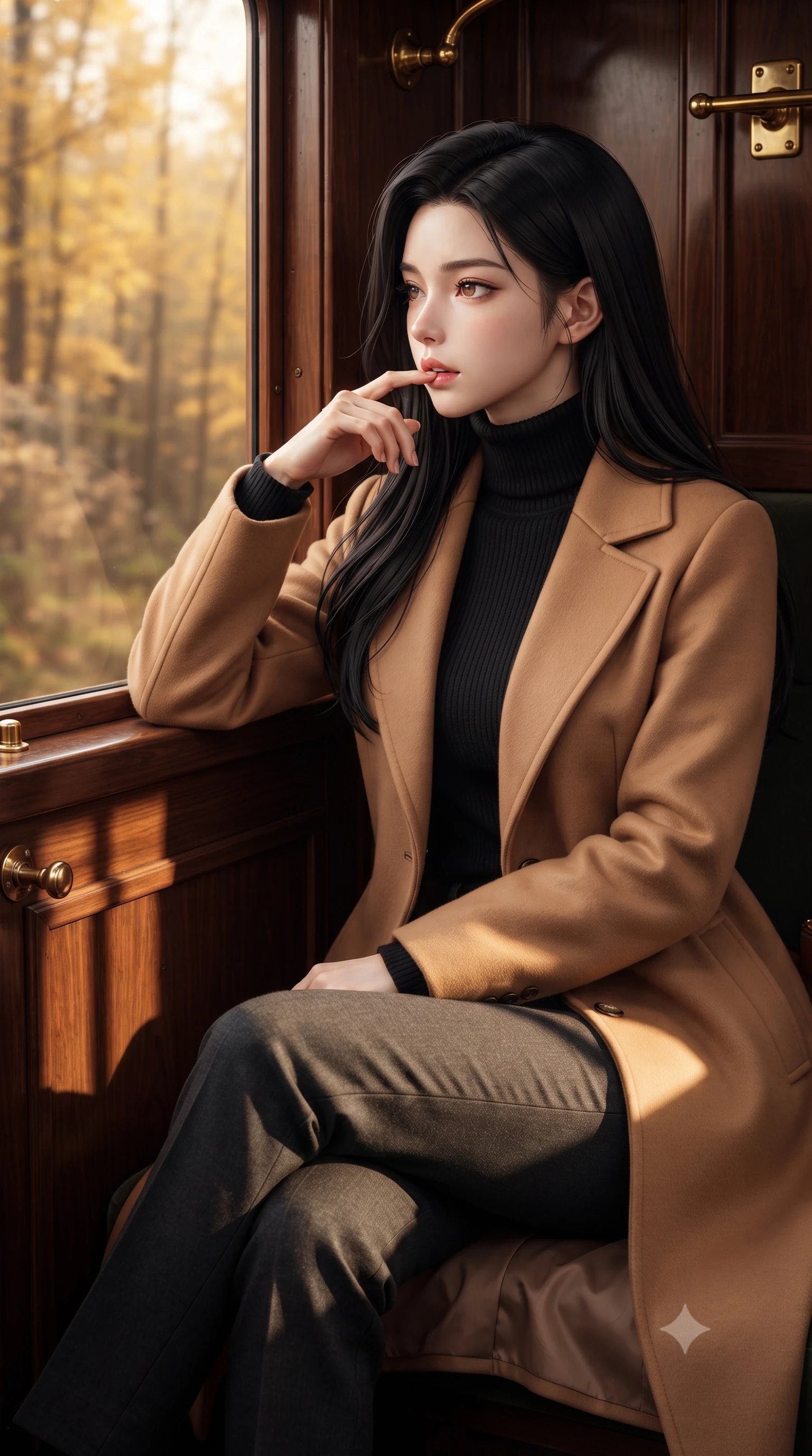 score_9, masterpiece, best quality, ultra-detailed, high-budget anime keyframe, editorial fashion photography, tasteful artistic composition, Korean woman. close-up cowboy shot from the waist and thighs up, the character dominates the composition, filling the frame with her large presence, background elements kept in soft focus. pressing one finger to her bottom lip in a thoughtful, seductive gesture under the warm sun the background shows a soft-focus a train cabin corner during autumn, looking at golden forests in soft focus. She has an exceptionally elegant, slender, and willowy female figure with an ultra-slim waist, a gracefully sculpted slender torso, and a refined silhouette. sharp v-shaped jawline, high-bridge nose, intricate jewel-like eyes with depth, thick eyelashes, glossy lips with a natural sheen. wearing a form-contouring warm camel-colored wrap coat over a black turtleneck sweater and charcoal slacks. warm late afternoon sunrays casting long wooden frame shadows on the floor. ultra-reflective glossy finish, specular highlights, metallic sheen, high-contrast stereoscopic depth, volumetric dynamic lighting, 2k, ultra detail, master piece, 9:16 ratio
