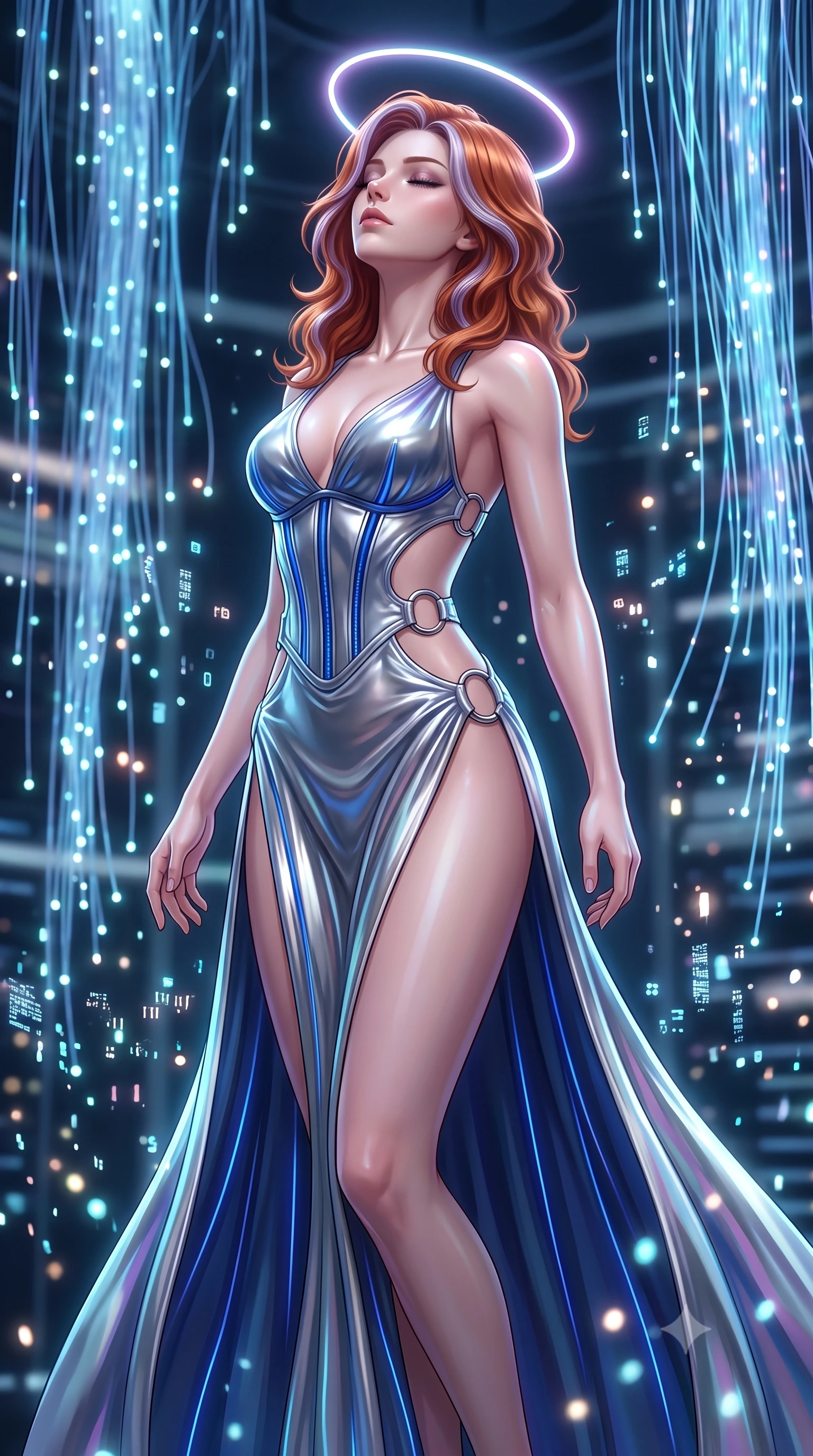 score_9, masterpiece, best quality, ultra-detailed, high-budget anime keyframe, semi-realistic 3D game render, editorial fashion photography, tasteful artistic composition, Caucasian woman. close-up cowboy shot from the waist and thighs up, the character dominates the composition, filling the frame with her large presence. tilting her head back with serene regal elegance, her sharp jawline and sculpted collarbones highlighted by glowing neon halo reflections while floating weightlessly in the heart of a quantum supercomputer chamber surrounded by cascading bioluminescent fiber-optic waterfalls. The composition keeps background elements in soft focus with creamy bokeh. sparkling holographic data bits scattering soft glowing light motes across a deep tech backdrop. She has an exceptionally elegant, slender, and willowy female figure with an ultra-slim waist, a gracefully sculpted slender torso, toned flat midriff, and a refined slim silhouette. sharp v-shaped jawline, high-bridge nose, intricate jewel-like eyes with depth, thick eyelashes, glossy lips with a natural sheen, flawlessly proportioned anatomical accuracy, strict slender model proportions, natural body alignment, perfectly sculpted long slender limbs, ultra-slim waistline, clean dynamic posture without body distortion. wearing a backless molten silver liquid-metal gown with a high-cut side slit and precision-fitted waist boning in liquid platinum silver and deep sapphire blue LED filaments, made of smooth flowing silk chiffon that shifts colors with movement, detailed with polished silver rings connecting the daring side-waist cutouts, the precision-cut daring openings accentuating her delicate midriff, graceful bare collarbones, and ultra-slim feminine waistline. surrounded by an omniscient, divine, and radiantly transcendent digital muse aura. rich saturated anime colors with glowing neon highlights, detailed shading with soft gradients, rich glossy textures, high-contrast stereoscopic depth, volumetric dynamic lighting, master piece, 9:16 ratio