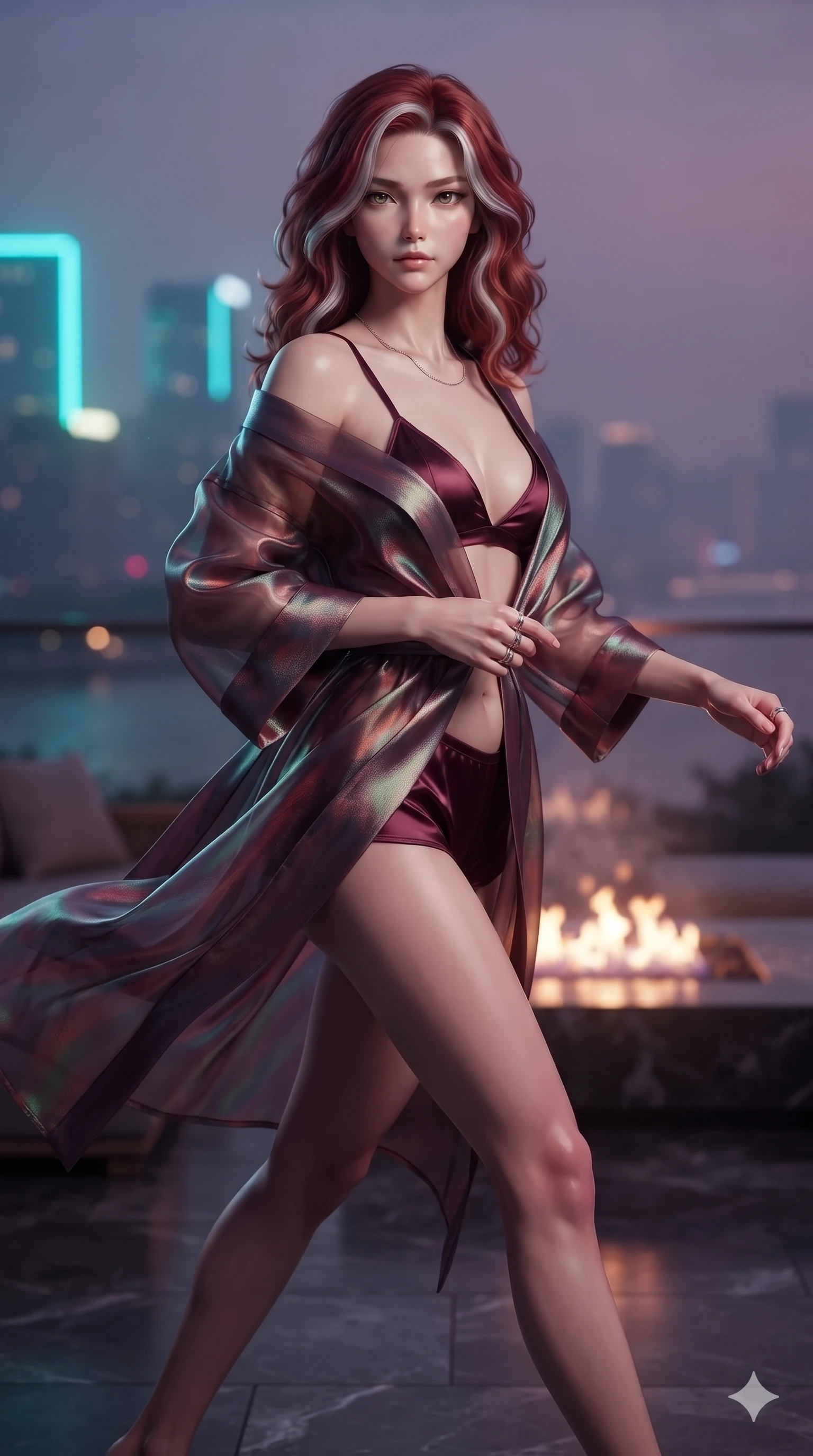score_9, masterpiece, best quality, ultra-detailed, high-budget anime keyframe, editorial fashion photography, tasteful artistic composition, Caucasian woman. close-up cowboy shot from the waist and thighs up, the character dominates the composition, filling the frame with her large presence. twisting her slender torso in a deep contrapposto stance, hips dramatically shifted to accentuate her feminine curves while looking past her shoulder with smoldering bedroom-eyes while striding across the penthouse terrace as river breezes whip her high-slit dress open, accentuating her long slender legs and curvy hips. The background shows a soft-focus riverfront evening atmospheric haze softened in heritage jazz terrace shallow focus. She has an exceptionally elegant, slender, and willowy female figure with an ultra-slim waist, flat toned midriff, narrow ribcage, and sculpted feminine hips creating an alluring, slim hourglass silhouette without bulk. sharp v-shaped jawline, high-bridge nose, intricate jewel-like sparkling eyes with depth, thick eyelashes, glossy parted lips with a natural sheen, intensely captivating and seductive bedroom-eyes expression, exuding both youthful cute charm and sovereign luxury allure, flawlessly proportioned anatomical accuracy, strict slender model proportions, natural body alignment, perfectly sculpted long slender limbs, ultra-slim waistline, clean dynamic posture without body distortion. wearing a translucent iridescent organza kimono robe slipping off bare shoulders over a matching satin micro-bralette and micro-shorts in deep wine burgundy and brushed dark platinum, made of sheer gossamer chiffon that drapes softly against skin with airy translucence, accented with an open-back drape framed by falling strands of delicate chrome chains, the liquid-tight tailored fabric clinging flawlessly to her narrow waist and rounded feminine hips, emphasizing every millimeter of her sculpted slim hourglass curves without any bulky heaviness. illuminated by terrace deck bounce and sharp neon-cyan rim lights sculpting her razor-sharp jawline, narrow waist, and curvy hips. ultra-reflective glossy finish, specular highlights, rich textural contrasts, high-contrast stereoscopic depth, volumetric dynamic lighting, 2k, ultra detail, master piece, 9:16 ratio