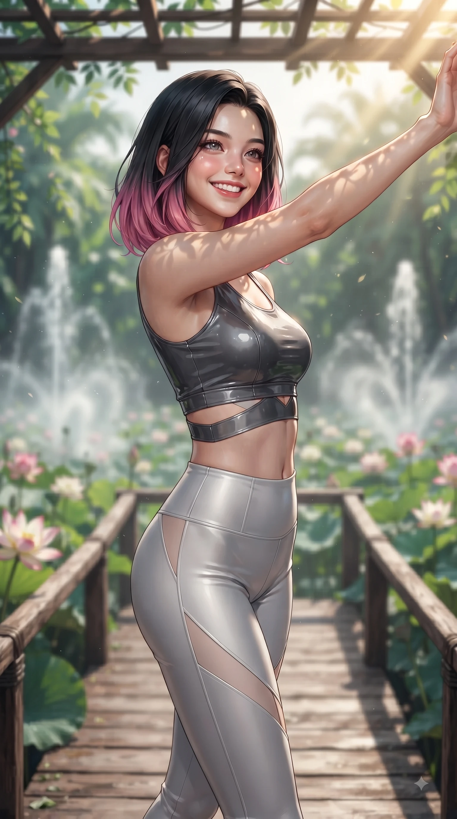score_9, masterpiece, best quality, ultra-detailed, high-budget anime keyframe, editorial fashion photography, tasteful artistic composition, Korean woman. close-up cowboy shot from the waist and thighs up, the character dominates the composition, filling the frame with her large presence, background elements kept in soft focus. Extending one arm in an elegant stretch toward the light while smiling with vibrant, youthful self-assurance while pivoting dynamically on a wooden bridge over a lotus pond with a radiant beaming smile, swirling steam clouds from misting fountains adding a magical tropical humidity. She has an exceptionally elegant, slender, and willowy female figure with an ultra-slim waist, a gracefully sculpted slender torso, and a refined silhouette. sharp v-shaped jawline, high-bridge nose, intricate jewel-like eyes with depth, thick eyelashes, glossy lips with a natural sheen, flawlessly proportioned anatomical accuracy, natural body alignment, perfectly sculpted elegant limbs, clean dynamic posture without body distortion. wearing a glossy vinyl crop top and high-waist tailored leggings with sleek zippers in charcoal grey and platinum, made of premium stretch velvet with a rich sheen, featuring subtle geometric cutouts that highlight her ultra-slim midriff, the elegant draped fit framing her graceful clavicle and slender torso. illuminated by clear sunbeams casting organic leaf stencil shadows across her skin. ultra-reflective glossy finish, specular highlights, metallic sheen, high-contrast stereoscopic depth, volumetric dynamic lighting, 2k, ultra detail, master piece, 9:16 ratio