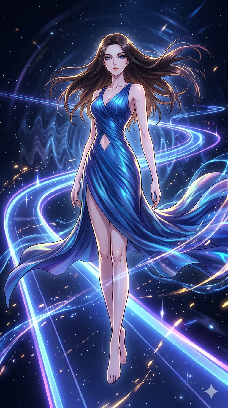 score_9, masterpiece, best quality, ultra-detailed, High-budget Anime Keyframe, vibrant colors, fluid line-art, expressive lighting, cinematic composition, Ufotable-style visual effects, top-tier animation quality, Caucasian woman with pale skin and refined features. Dynamic full-body shot stretching the vertical silhouette, capturing her from a powerful low-angle perspective. Floating within a high-frequency vibration chamber where the atmosphere becomes visible waves. She has an absolutely perfect 8-heads proportion, an exceptionally tall and slender female figure with impossibly long slender legs and an ultra-slim waist, her statuesque height and towering silhouette dominating the vertical 9:16 frame. Her face is a masterpiece featuring a sharp v-shaped jawline, high-bridge nose, intricate jewel-like eyes with depth, thick eyelashes, and glossy lips with a natural sheen. She is wearing a Flowing silk gown that ripples like liquid, featuring a small diamond-shaped cutout at the navel. The scene is set in a starlit void where ribbons of light serve as the only paths. 2k, ultra detail, master piece, 9:16 ratio