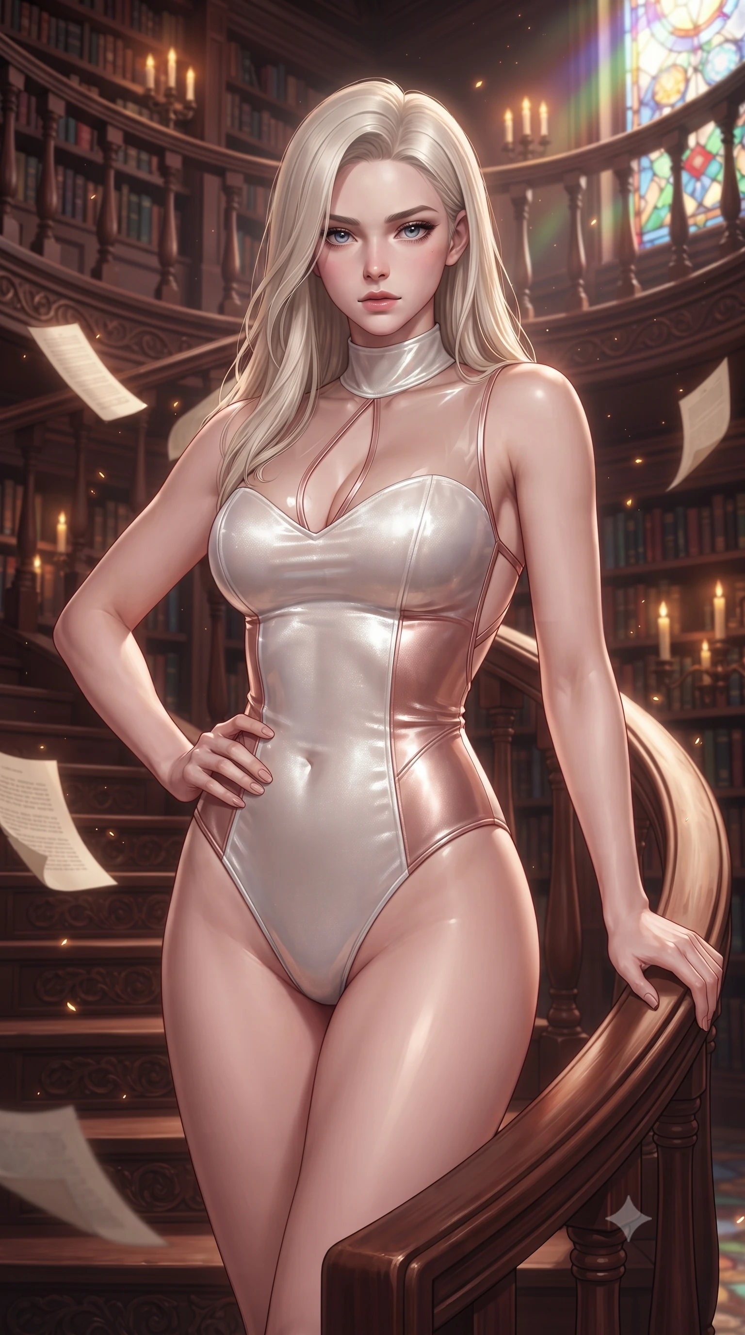 score_9, masterpiece, best quality, ultra-detailed, high-budget anime keyframe, editorial fashion photography, tasteful artistic composition, Caucasian woman. close-up cowboy shot from the waist and thighs up, the character dominates the composition, filling the frame with her large presence, background elements kept in soft focus. Holding a confident power pose with one hand on her hip, gazing directly into the camera with quiet intensity standing on a carved mahogany spiral staircase in a grand multi-story library, floating paper pages and glowing magic runes hovering in the quiet air. She has an exceptionally elegant, slender, and willowy female figure with an ultra-slim waist, a gracefully sculpted slender torso, and a refined silhouette. sharp v-shaped jawline, high-bridge nose, intricate jewel-like eyes with depth, thick eyelashes, glossy lips with a natural sheen. wearing a high-cut translucent vinyl leotard with front paneling and open back in pearl white and rose gold, made of premium stretch velvet with a rich sheen, accented with a Tasteful chest slit framing her clavicle gracefully, the sleek second-skin texture accentuating her magnetic presence. illuminated by rich amber candlelight and majestic stained glass highlights. ultra-reflective glossy finish, specular highlights, metallic sheen, high-contrast stereoscopic depth, volumetric dynamic lighting, 2k, ultra detail, master piece, 9:16 ratio