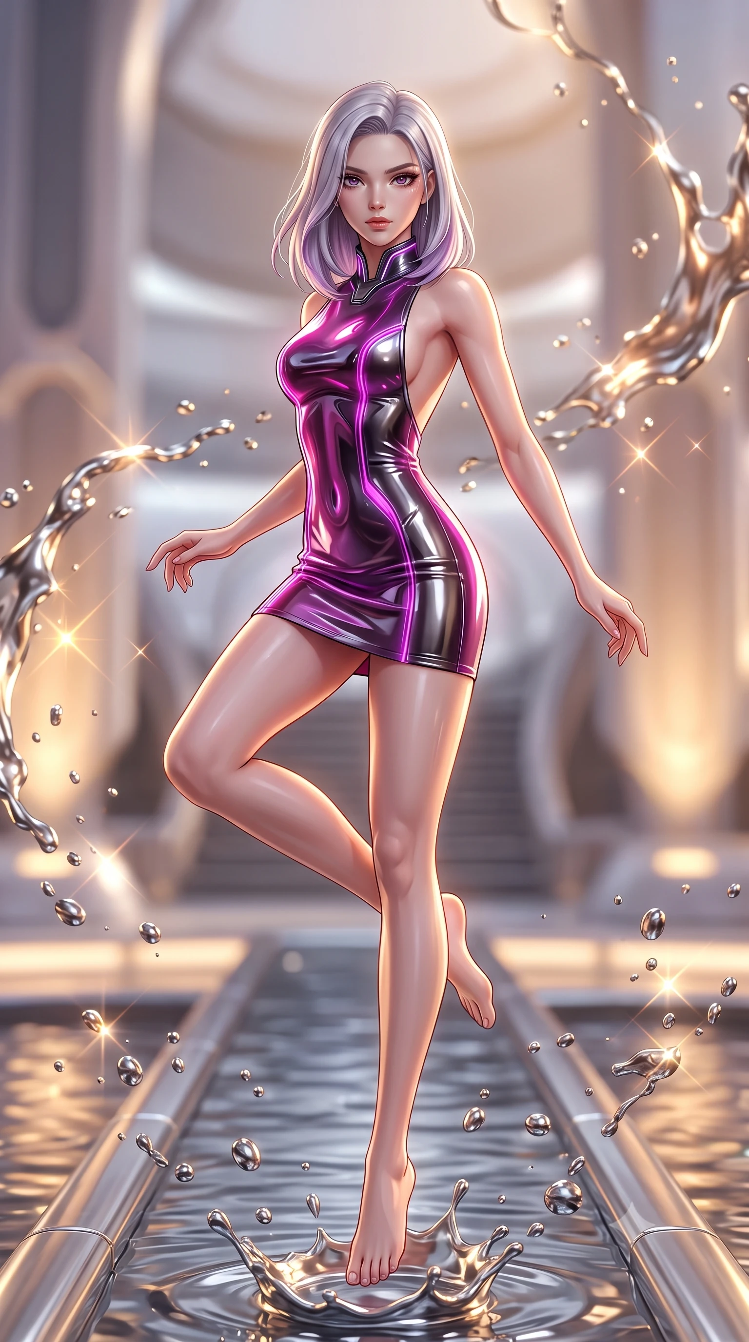 score_9, masterpiece, best quality, ultra-detailed, high-budget anime keyframe, semi-realistic 3D game render, editorial fashion photography, tasteful artistic composition, Caucasian woman. low angle full-body shot from head to toe showing her feet, filling the entire 9:16 vertical frame with her statuesque presence, stretching her vertical silhouette. performing an alluring mid-air vault with flawless poise, looking directly into the camera with regal, divine intensity while pivoting dynamically on a submerged chrome walkway as liquid mercury droplets splash like molten chrome beads in mid-air. The composition keeps background elements in soft focus with creamy bokeh. molten metal splashes and light caustics scattering radiant glints across a soft-focus background. She has an absolutely perfect, statuesque 8.5-heads proportion, an exceptionally tall and slender model-like female figure with impossibly long slender legs, a toned flat midriff, and an ultra-slim waist. sharp v-shaped jawline, high-bridge nose, intricate jewel-like eyes with depth, thick eyelashes, glossy lips with a natural sheen, flawlessly proportioned anatomical accuracy, strict slender model proportions, natural body alignment, perfectly sculpted long slender limbs, ultra-slim waistline, clean dynamic posture without body distortion. wearing a high-gloss lacquer cyber-couture mini dress with an open-back architectural cut and subtle glowing micro-filaments in vibrant electric magenta and ultra-reflective dark titanium, crafted from delicate iridescent organza interwoven with luminescent micro-fibers, featuring a sleek aerodynamic collar framed by subtle glowing cybernetic accents, the liquid-tight tailored fabric emphasizing every curve of her tall, slender model proportions and sculptured silhouette during dynamic movement. bathed in warm golden circuit lotus uplights and glittering liquid mercury caustics. rich saturated anime colors with glowing neon highlights, detailed shading with soft gradients, rich glossy textures, high-contrast stereoscopic depth, volumetric dynamic lighting, master piece, 9:16 ratio