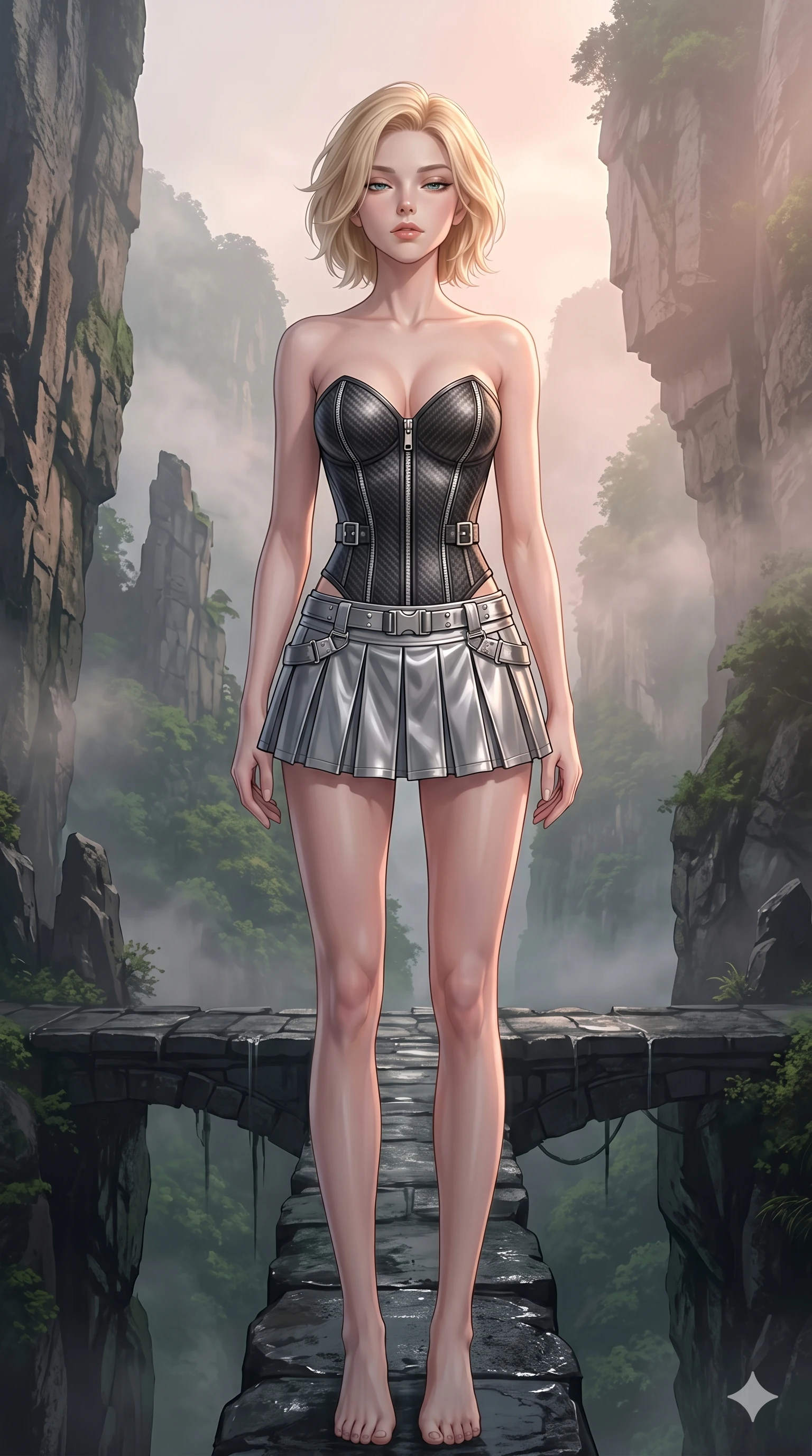 score_9, masterpiece, best quality, ultra-detailed, high-budget anime keyframe, editorial fashion photography, tasteful artistic composition, Caucasian woman, strictly human ears. cowboy shot from the thighs up, character and outfit filling the frame for maximum editorial presence. Arching her neck slightly with her eyes half-closed in composure on a floating bridge of dark stone connecting two cliffs in a misty green canyon. She has an absolutely perfect 8-heads proportion, an exceptionally tall and slender female figure with impossibly long slender legs and an ultra-slim waist. V-shaped jawline, high-bridge nose, intricate jewel-like eyes with depth, thick eyelashes, glossy lips with a natural sheen. wearing a carbon-fiber textured structured corset with silver zippers, paired with a pleated metallic silver mini combat skirt. bathed in soft rose-gold dawn light filtering through atmospheric volumetric fog that wraps her silhouette. 2k, ultra detail, master piece, 9:16 ratio