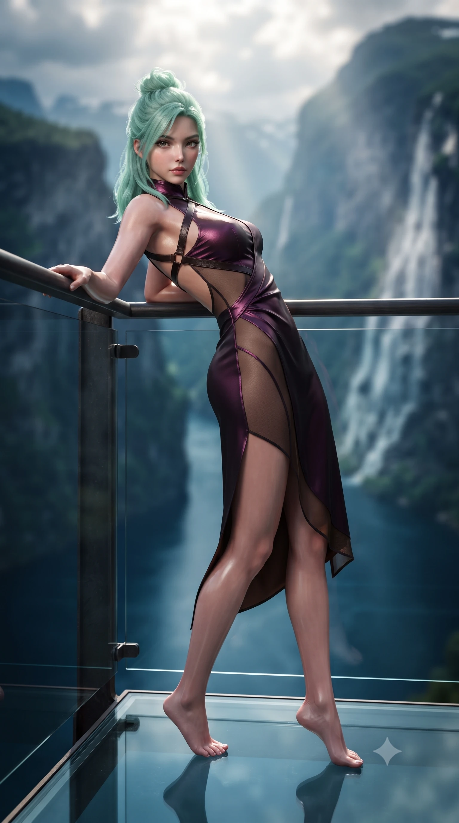 score_9, masterpiece, best quality, ultra-detailed, high-budget anime keyframe, semi-realistic 3D game render, editorial fashion photography, tasteful artistic composition, Japanese woman. low angle full-body shot from head to toe showing her feet, filling the entire 9:16 vertical frame with her statuesque presence, stretching her vertical silhouette. leaning deep against the structural architecture with hips cocked in an unapologetically bold, seductive high-fashion stance while standing poised on the cantilevered glass viewing platform suspended 1,000 meters above the deep blue fjord, arching her back with fearless supermodel grace. The composition keeps background elements in soft focus with creamy bokeh. sheer vertical fjord rock walls and cascading waterfalls blurred into deep cobalt, emerald, and misty white bokeh. She has an exceptionally tall and slender model-like 8.5-heads proportion, an ultra-slim waist, a flat toned midriff, narrow delicate ribcage, and beautifully sculpted feminine hips creating a graceful, slim hourglass silhouette without any bulky heaviness, with impossibly long slender legs. sharp v-shaped jawline, high-bridge nose, intricate jewel-like eyes with depth, thick eyelashes, glossy parted lips with a natural sheen, intensely captivating and seductive bedroom-eyes expression, flawlessly proportioned anatomical accuracy, strict slender model proportions, natural body alignment, perfectly sculpted long slender limbs, ultra-slim waistline, clean dynamic posture without body distortion. wearing a wet-look silk fusion wrap dress with asymmetrical sheer mesh cutouts and high Mandarin collar in deep plum violet and antique bronze, tailored from liquid silk jersey adhering flawlessly to her slender build, featuring an open-back criss-cross harness strap in dark leather, the glove-like aerodynamic silhouette tightly following the natural contour of her hips and long slender legs with statuesque 8.5-heads elegance. bathed in dramatic Scandinavian late afternoon sunbeams breaking through high alpine clouds. highly saturated vibrant anime colors, detailed shading with soft gradients, rich glossy textures, high-contrast stereoscopic depth, volumetric dynamic lighting, master piece, 9:16 ratio