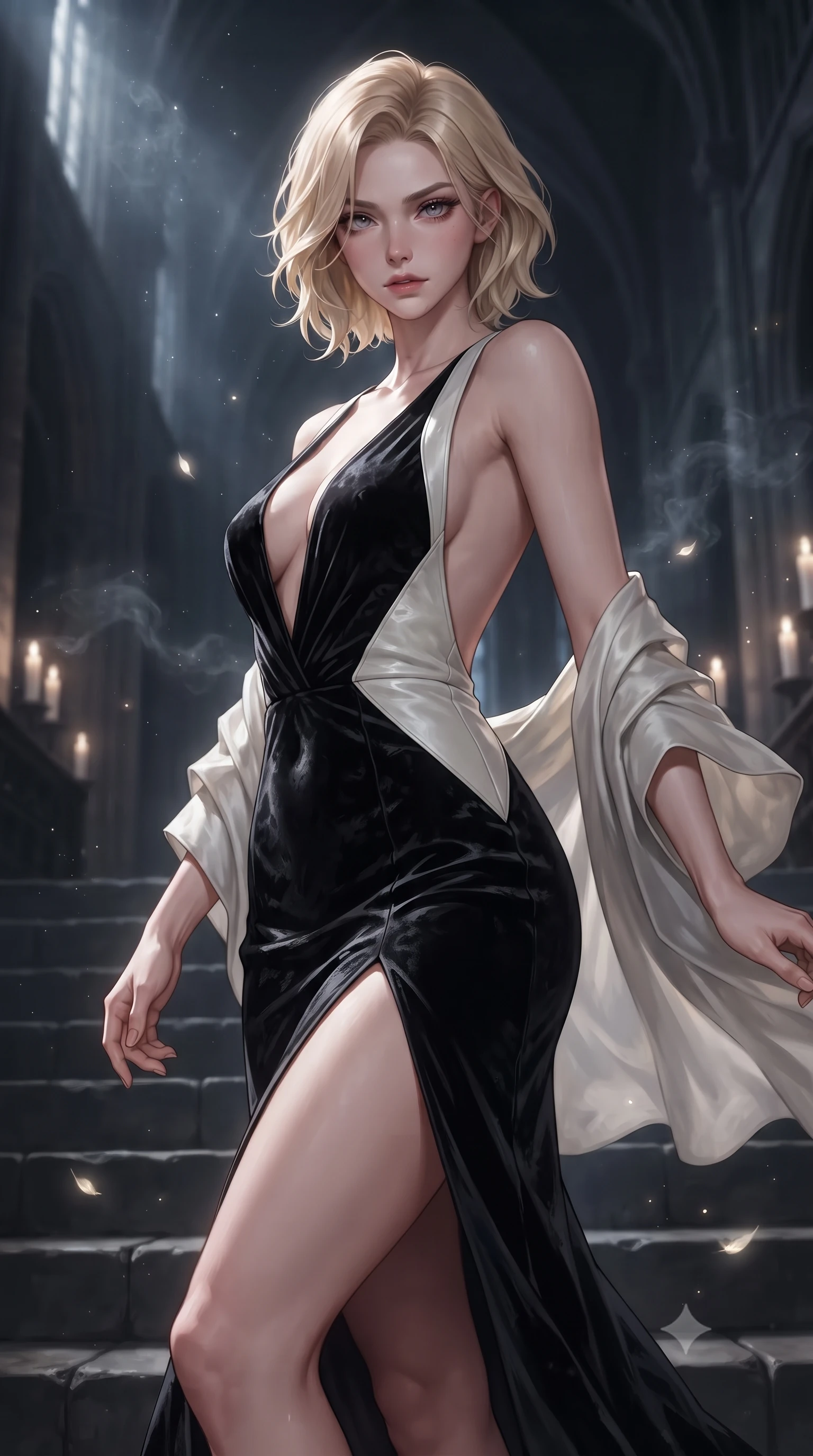 score_9, masterpiece, best quality, ultra-detailed, high-budget anime keyframe, editorial fashion photography, tasteful artistic composition, Caucasian woman. close-up cowboy shot from the waist and thighs up, the character dominates the composition, filling the frame with her large presence. leaning back with relaxed seductive grace, her sculpted collarbones highlighted by light, casting smoldering bedroom-eyes directly into the lens while descending the cold cathedral steps with fluid supermodel momentum, the night wind fluttering her dark drapery. The composition keeps background elements in soft focus with creamy bokeh. drifting incense smoke and lunar light rays scattering ethereal radiant motes across the stone flags. She has an exceptionally elegant, slender, and willowy female figure with an ultra-slim waist, a gracefully sculpted slender torso, toned flat midriff, and a refined slim silhouette. sharp v-shaped jawline, high-bridge nose, intricate jewel-like eyes with depth, thick eyelashes, glossy parted lips with a natural sheen, intensely captivating and seductive expression, flawlessly proportioned anatomical accuracy, strict slender model proportions, natural body alignment, perfectly sculpted long slender limbs, ultra-slim waistline, clean dynamic posture without body distortion. wearing a plunging-V neckline crushed velvet corseted evening gown with an open scooped back and high-cut thigh slit in high-contrast black velvet and pearl white, crafted from supple second-skin lambskin leather with specular sheen, finished with a gossamer silk shawl draped loosely over her elbows, the dramatically scooped open back descending to the base of her spine, accentuating her razor-sharp statuesque lines and slim hourglass silhouette. illuminated by crisp specular highlights defining her sculpted jawline, bare spine, and long limbs. ultra-reflective glossy finish, specular highlights, rich textural contrasts, high-contrast stereoscopic depth, volumetric dynamic lighting, 2k, ultra detail, master piece, 9:16 ratio
