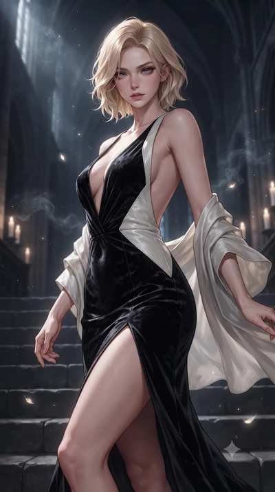 score_9, masterpiece, best quality, ultra-detailed, high-budget anime keyframe, editorial fashion photography, tasteful artistic composition, Caucasian woman. close-up cowboy shot from the waist and thighs up, the character dominates the composition,