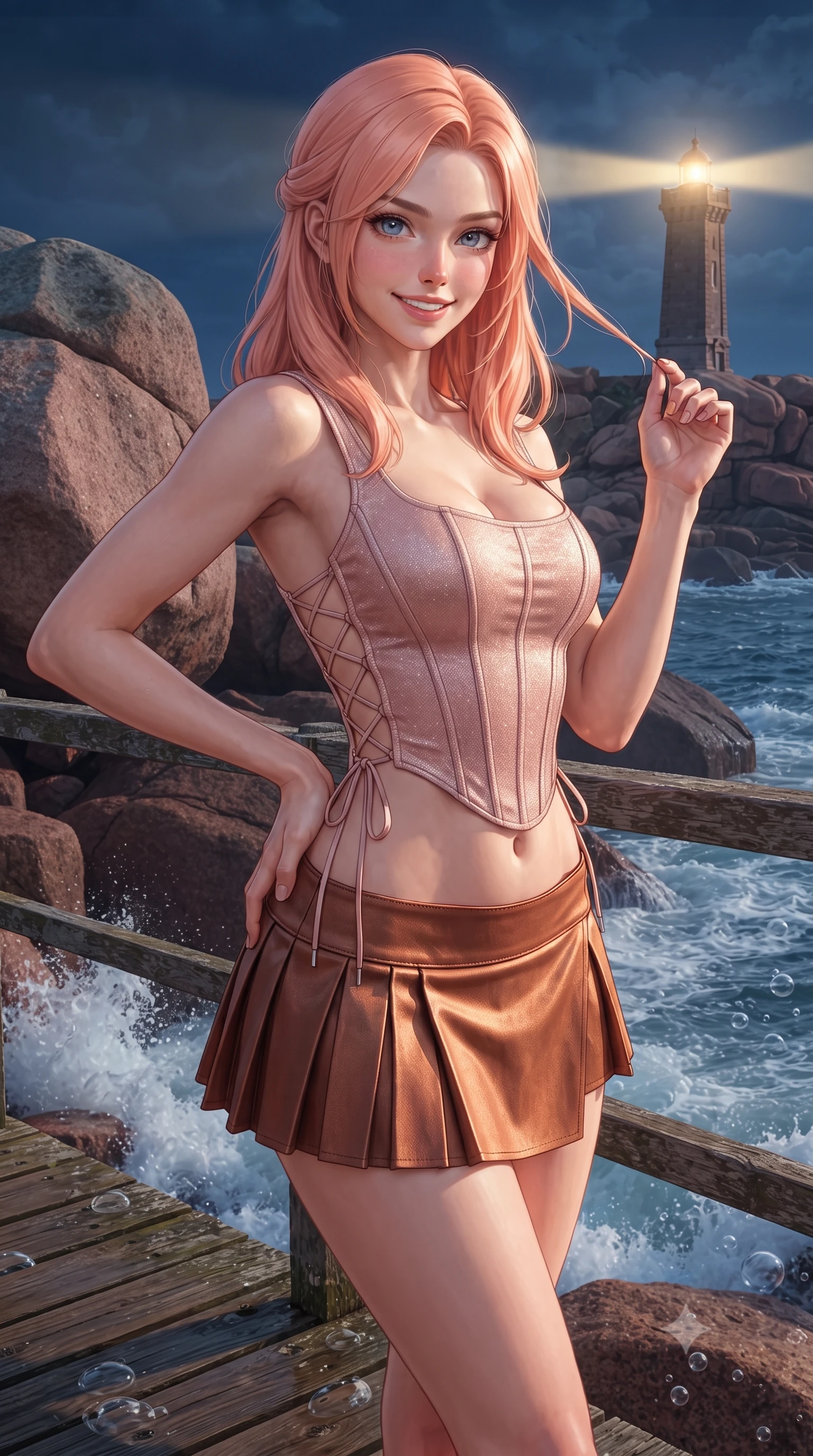score_9, masterpiece, best quality, ultra-detailed, high-budget anime keyframe, editorial fashion photography, tasteful artistic composition, Japanese woman. close-up cowboy shot from the waist and thighs up, the character dominates the composition, filling the frame with her large presence. twisting her slender torso in an alluring contrapposto stance, one hand resting on her sculpted hip while her fingers toy with her hair with effortless poise while standing poised on the timber observation deck beside the colossal natural pink granite boulders, arching her spine with siren allure as ocean waves crash below. The surrounding environment is rendered in vivid detail and crisp panoramic clarity: sharp rose-pink feldspar granite mineral textures, wet weathered timber deck planks, and ocean foam bubbles in deep focus. She has an exceptionally elegant, slender, and willowy female figure with an ultra-slim waist, flat toned midriff, narrow ribcage, and sculpted feminine hips creating an alluring, slim hourglass silhouette without bulk. sharp v-shaped jawline, high-bridge nose, intricate jewel-like sparkling eyes with depth, thick eyelashes, glossy parted lips with a natural peach sheen, bright cheerful beaming smile with an enchanting and coquettish sensual glint, exuding both youthful cute charm and seductive allure, flawlessly proportioned anatomical accuracy, strict slender model proportions, natural body alignment, perfectly sculpted long slender limbs, ultra-slim waistline, clean dynamic posture without body distortion. wearing a structured boned corset top paired with an ultra-short low-rise pleated micro mini skirt in Grasse centifolia rose petal blush and burnished copper, woven from stretch metallic lurex jersey casting radiant starlight glints across her curves, featuring fine criss-cross lace-up side ties revealing tantalizing glimpses of her hip curve, the high-slit wrap tailoring accentuating her ultra-slim waistline and the enchanting curve of her feminine hips with alluring seductive charm. bathed in periodic sweeping golden lighthouse lamp beams contrasted with deep navy ocean ambient and moonlight. ultra-reflective glossy finish, specular highlights, rich textural contrasts, high-contrast stereoscopic depth, volumetric dynamic lighting, 2k, ultra detail, master piece, 9:16 ratio