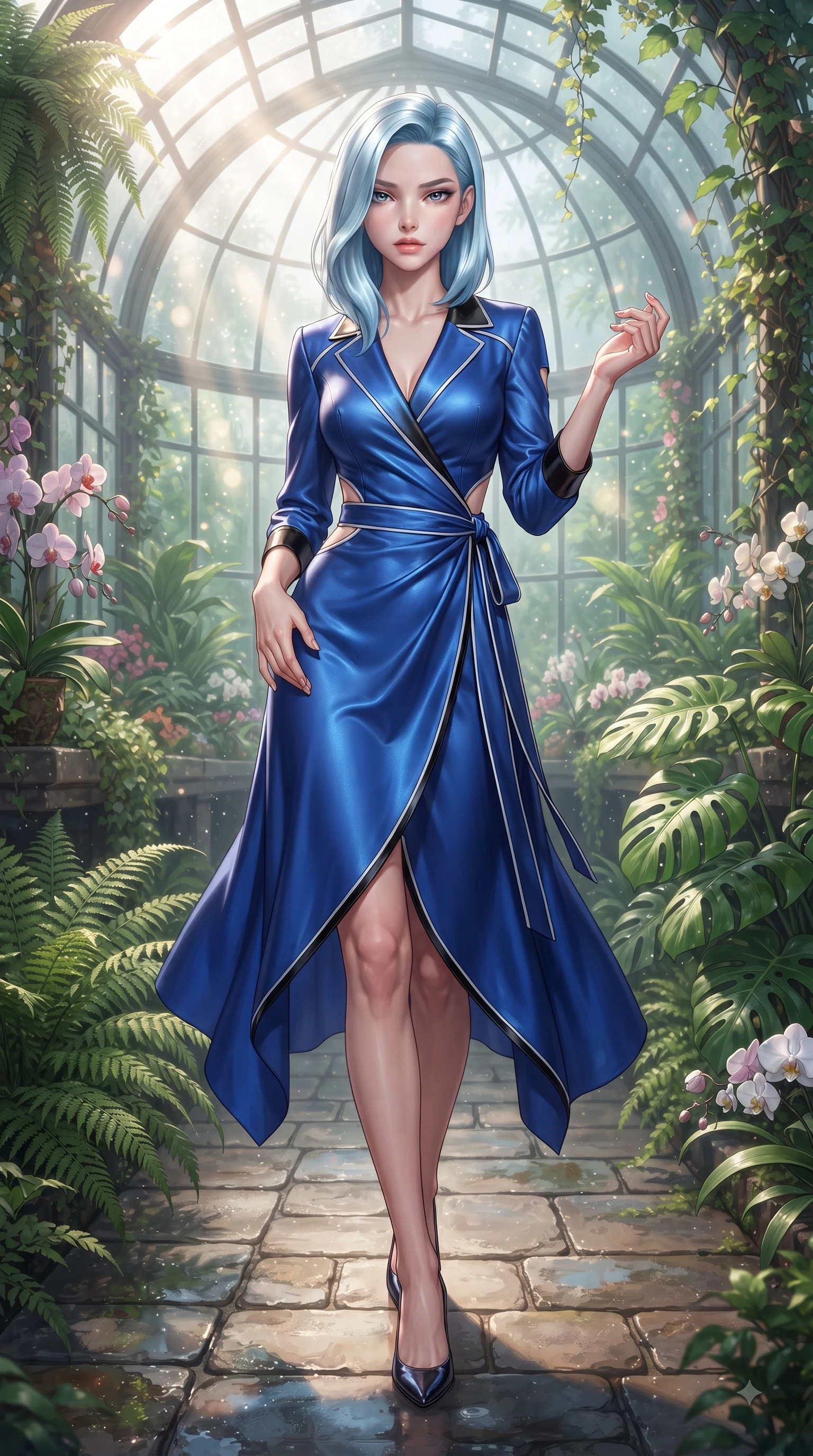 score_9, masterpiece, best quality, ultra-detailed, high-budget anime keyframe, editorial fashion photography, tasteful artistic composition, Korean woman. close-up cowboy shot from the waist and thighs up, the character dominates the composition, filling the frame with her large presence. Haughty, chic expression with a poised chin-tilt and an aloof, magnetic gaze commanding attention while stepping along a stone greenhouse aisle surrounded by vibrant tropical foliage. The composition keeps background elements in soft focus with dreamy bokeh. sunbeams filtering through misty glass dome panes softened in creamy depth of field. She has an exceptionally elegant, slender, and willowy female figure with an ultra-slim waist, a gracefully sculpted slender torso, and a refined silhouette. sharp v-shaped jawline, high-bridge nose, intricate jewel-like eyes with depth, thick eyelashes, glossy lips with a natural sheen, flawlessly proportioned anatomical accuracy, natural body alignment, perfectly sculpted elegant limbs, clean dynamic posture without body distortion. wearing an electric cobalt blue silk wrap dress with a graceful flowing hem in monochrome white and glossy black contrast, tailored from crisp high-density cotton poplin, complemented by clean architectural seams and subtle cutouts, the sleek second-skin fit accentuating her magnetic presence. surrounded by a lush, vibrant, and enchanting garden editorial ambiance. ultra-reflective glossy finish, specular highlights, metallic sheen, high-contrast stereoscopic depth, volumetric dynamic lighting, 2k, ultra detail, master piece, 9:16 ratio