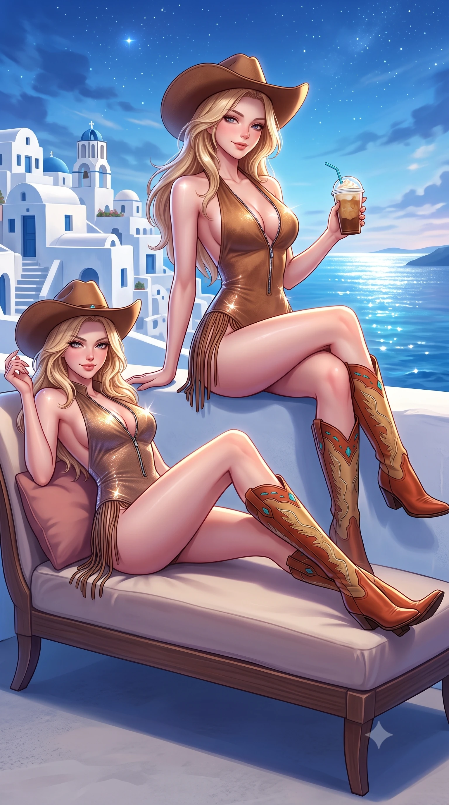 score_9, masterpiece, best quality, ultra-detailed, high-budget anime keyframe, semi-realistic 3D game render, editorial fashion photography, tasteful artistic composition, Caucasian woman. low angle full-body shot from head to toe showing her feet, filling the entire 9:16 vertical frame with her statuesque presence, stretching her vertical silhouette. reclining gracefully across the plush chaise lounge with one leg extended, her sculpted silhouette and flat midriff radiating magnetic nocturnal glamour while sitting perched on the whitewashed wall with legs crossed, holding an iced frappe while casting a teasing, coquettish smile. The surrounding environment is rendered in vivid detail and crisp panoramic clarity: detailed plunging zip rashguard cling, glossy lip sheen, and classic Cycladic architecture in razor-sharp precision. She has an absolutely perfect, statuesque 8.5-heads proportion, an exceptionally tall and slender model-like female figure with impossibly long slender legs, an ultra-slim waist, a flat toned midriff, narrow delicate ribcage, and beautifully sculpted feminine hips creating a graceful, slim hourglass silhouette without any bulky heaviness. sharp v-shaped jawline, high-bridge nose, sparkling eyes with hypnotic seductive depth, thick curled eyelashes, glossy parted lips with a natural dewy peach sheen, alluring bedroom-eyes with an enchanting coquettish smile, exuding magnetic siren charisma and sophisticated glamour, flawlessly proportioned anatomical accuracy, strict slender model proportions, natural body alignment, perfectly sculpted long slender limbs, ultra-slim waistline, clean dynamic posture without body distortion. wearing a slinky backless halterneck suede leotard with fringe accents along the side hips and thigh-high cowboy boots in terracotta rust and desert sand gold with turquoise accents, woven from stretch metallic lurex jersey casting radiant starlight glints across her silhouette, finished with a wide-brimmed felt cowboy hat tipped back to frame her face and long glossy hair, the precision-cut side openings and low-back scoop framing her graceful spine and the sensual sweep of her slim, toned hips. illuminated by Aegean water reflection fill and sharp platinum rim lights sculpting her delicate clavicles, narrow waist, and curvy hips. highly saturated vibrant anime colors, detailed shading with soft gradients, rich glossy textures, high-contrast stereoscopic depth, volumetric dynamic lighting, master piece, 9:16 ratio