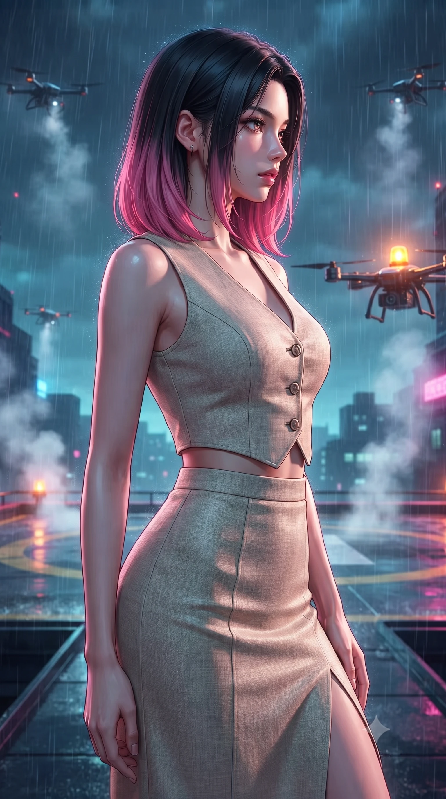 score_9, masterpiece, best quality, ultra-detailed, high-budget anime keyframe, editorial fashion photography, tasteful artistic composition, Korean woman. close-up cowboy shot from the waist and thighs up, the character dominates the composition, filling the frame with her large presence, background elements kept in soft focus. turning her face in sharp profile, casting a cold, mysterious, yet intensely alluring side gaze, the background shows a soft-focus a neon-lit rooftop helipad during a high-tech rainstorm with hovering camera drones. She has an exceptionally elegant, slender, and willowy female figure with an ultra-slim waist, a gracefully sculpted slender torso, and a refined silhouette. sharp v-shaped jawline, high-bridge nose, intricate jewel-like eyes with depth, thick eyelashes, glossy lips with a natural sheen. wearing a form-contouring tailored vacation outfit of a linen crop vest and a matching side-slit midi skirt, revealing a subtle waist cutout. flashing amber strobe lights casting dynamic chiaroscuro shadows on her silhouette. highly saturated vibrant anime colors, detailed shading with soft gradients, rich glossy textures, high-contrast stereoscopic depth, volumetric dynamic lighting, master piece, 9:16 ratio