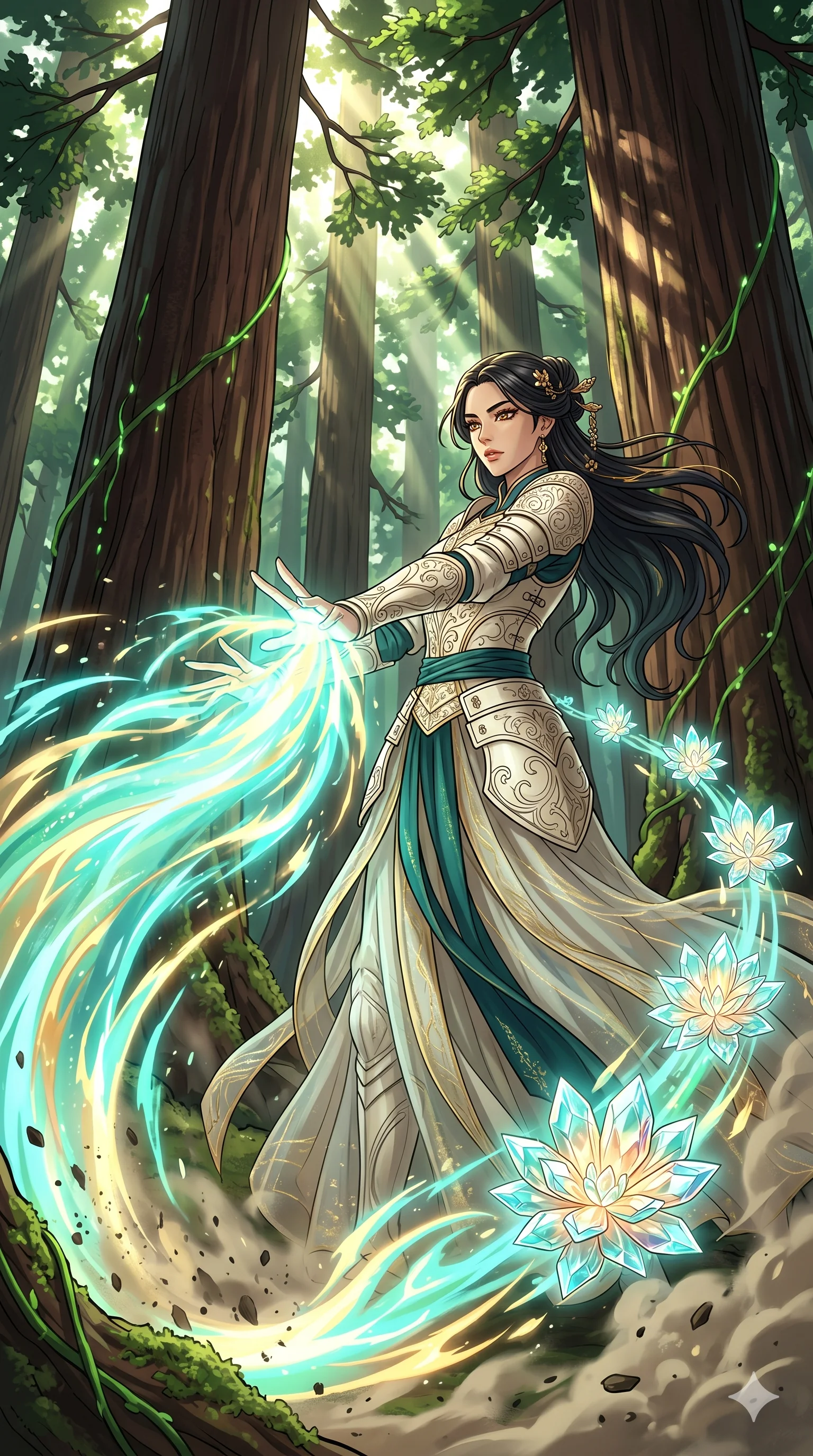 score_9, masterpiece, best quality, ultra-detailed, Set A: High-budget Anime Keyframe, Korean woman. Low angle cowboy shot filling the entire 9:16 frame with her statuesque presence. Theme: Primal Nature. unleashing a massive energy wave in a giant redwood forest with glowing vines, while she leaves a trail of 6 blooming crystal flowers. The atmosphere is filled with cinematic sunlight through leaves. She has an absolutely perfect 8-heads proportion, an exceptionally tall and slender female figure with impossibly long slender legs and an ultra-slim waist. Sharp v-shaped jawline, high-bridge nose, intricate jewel-like eyes with depth, glossy lips. Wearing Ornate ivory-carved plate armor over a sheer gold-thread silk gown. Cinematic lighting, vivid colors, dramatic shadows, 2k, ultra detail, master piece, 9:16 ratio