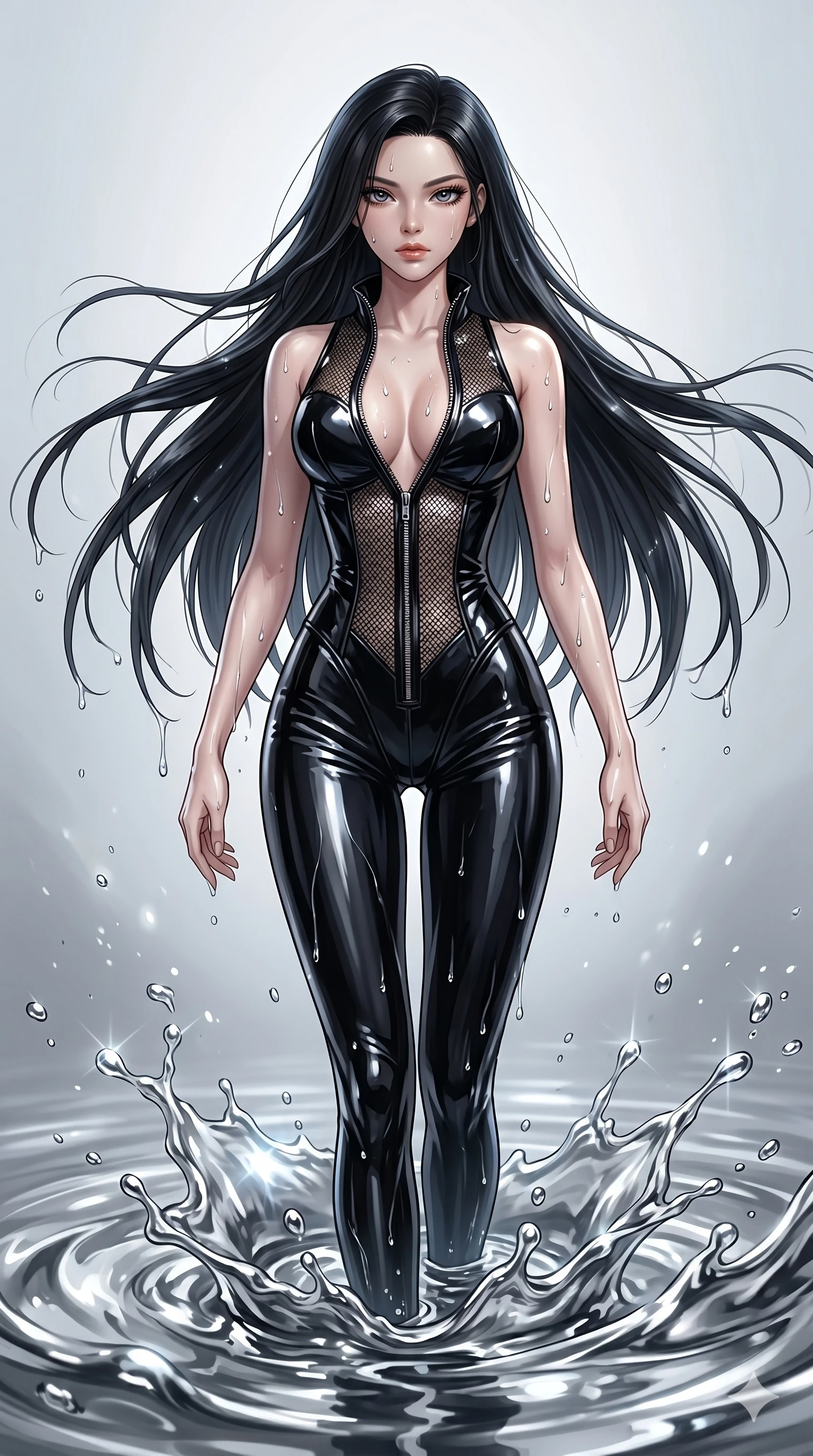 score_9, masterpiece, best quality, ultra-detailed, High-budget Anime Keyframe, East Asian woman. Dynamic full-body shot stretching the vertical silhouette to the limit. Scenario 174: Rising from a pool of mercury-like liquid, droplets rolling off her skin. Her presence is magnetic and overpowering in this high-budget anime scene. Outfit 174: A patent leather micro-mesh with a unzipped detail and tight-fitting silhouette. The clothing is designed to emphasize her exceptionally tall and slender 8-heads proportion. 8-heads proportion, towering silhouette, ultra-slim waist. sharp v-shaped jawline, intricate jewel-like eyes with depth, thick eyelashes, glossy lips. 2k, ultra detail, master piece, 9:16 ratio