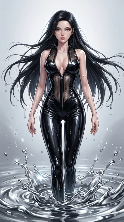 score_9, masterpiece, best quality, ultra-detailed, High-budget Anime Keyframe, East Asian woman. Dynamic full-body shot stretching the vertical silhouette to the limit. Scenario 174: Rising from a pool of mercury-like liquid, droplets rolling off he