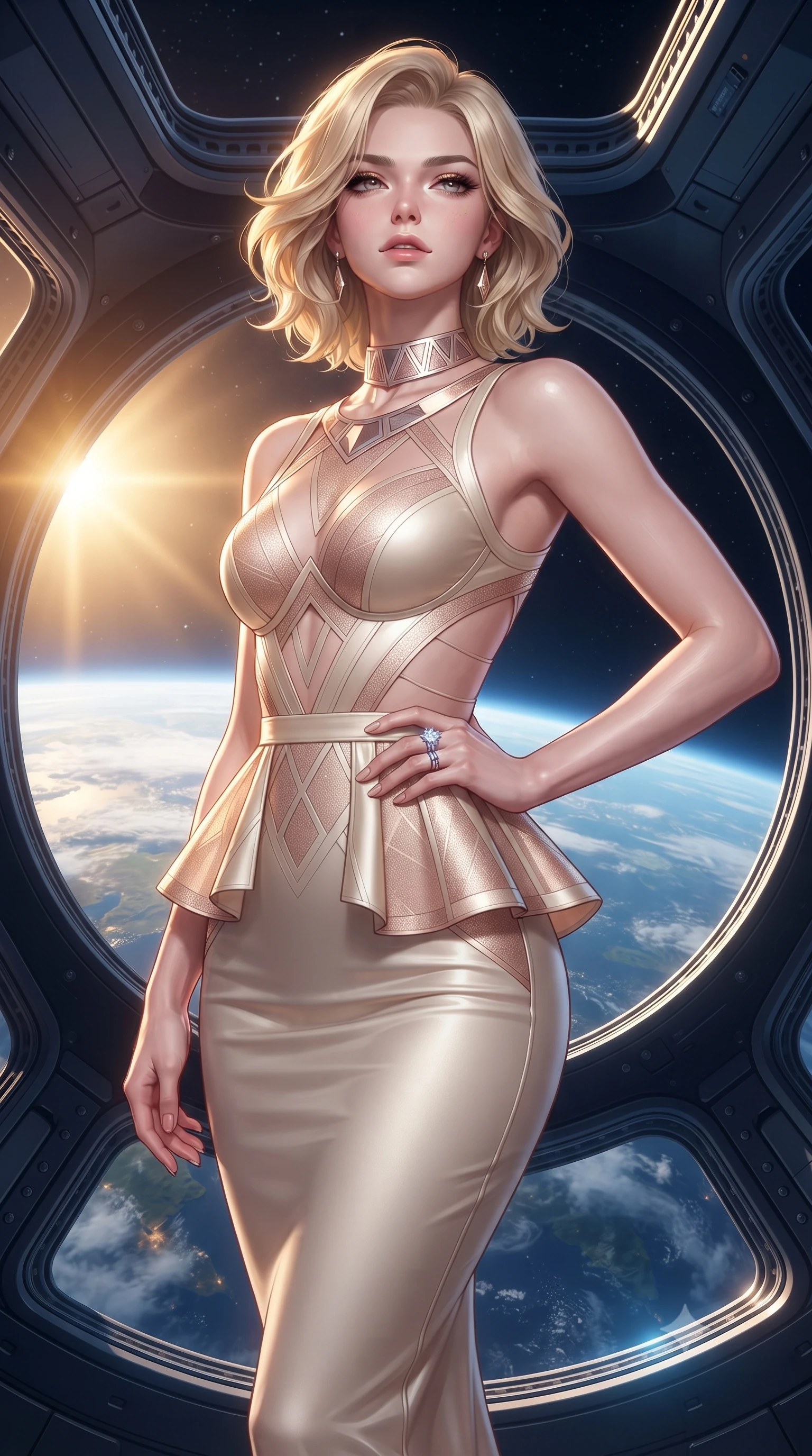 score_9, masterpiece, best quality, ultra-detailed, high-budget anime keyframe, editorial fashion photography, tasteful artistic composition, Caucasian woman. close-up cowboy shot from the waist and thighs up, the character dominates the composition, filling the frame with her large presence. tilting her chin up with proud, sovereign allure while gazing through thick eyelashes, one hand resting on her waist in pure supermodel charisma while standing poised on the magnetic observation deck, twisting her slender torso in an alluring S-curve as continents and cloud swirls drift beneath her feet. The surrounding environment is rendered in vivid detail and crisp panoramic clarity. sharp curved station viewport frames, titanium bulkhead rivets, and magnetic deck seams in deep focus. She has an exceptionally elegant, slender, and willowy female figure with an ultra-slim waist, flat toned midriff, narrow ribcage, and sculpted feminine hips creating an alluring, slim hourglass silhouette without bulk. sharp v-shaped jawline, high-bridge nose, intricate jewel-like eyes with depth, thick eyelashes, glossy parted lips with a natural sheen, intensely captivating and seductive bedroom-eyes expression, flawlessly proportioned anatomical accuracy, strict slender model proportions, natural body alignment, perfectly sculpted long slender limbs, ultra-slim waistline, clean dynamic posture without body distortion. wearing a structural geometric peplum gown with sheer side-ribbon cutouts and form-fitting skirt in vintage champagne ivory and delicate rose gold, tailored from liquid silk jersey adhering flawlessly to her slender build, complemented by a bold geometric choker and sparkling cocktail ring, the glove-like aerodynamic silhouette tightly following the natural contour of her hips and long slender legs with statuesque 8.5-heads elegance. bathed in radiant golden orbital sunrise backlighting and ambient cool blue Earth glow from below. ultra-reflective glossy finish, specular highlights, rich textural contrasts, high-contrast stereoscopic depth, volumetric dynamic lighting, 2k, ultra detail, master piece, 9:16 ratio
