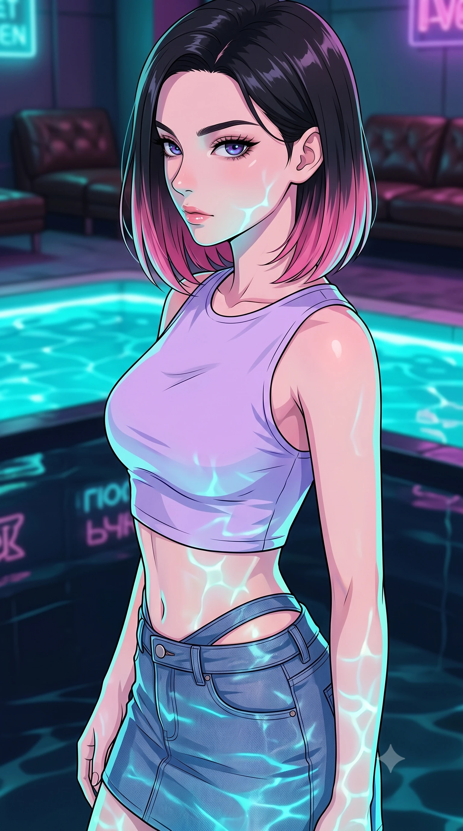 score_9, masterpiece, best quality, ultra-detailed, high-budget anime keyframe, tasteful artistic composition, Korean woman. close-up cowboy shot from the waist and thighs up, the character dominates the composition, filling the frame with her large presence, background elements kept in soft focus. turning her face in sharp profile, casting a cold, mysterious, yet intensely alluring side gaze, the background shows a soft-focus a retro-cyber pool room with glowing turquoise water and dark leather lounges. She has an exceptionally elegant, slender, and willowy female figure with an ultra-slim waist, a gracefully sculpted slender torso, and a refined silhouette. sharp v-shaped jawline, high-bridge nose, intricate jewel-like eyes with depth, thick eyelashes, glossy lips with a natural sheen. wearing a tailored modern crop top in lavender cotton paired with a low-rise denim skirt and a subtle waist cut-out. rippling water reflections mapping across her features from below. highly saturated vibrant anime colors, cel-shading, 2d style, master piece, 9:16 ratio