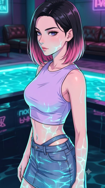 score_9, masterpiece, best quality, ultra-detailed, high-budget anime keyframe, tasteful artistic composition, Korean woman. close-up cowboy shot from the waist and thighs up, the character dominates the composition, filling the frame with her large 