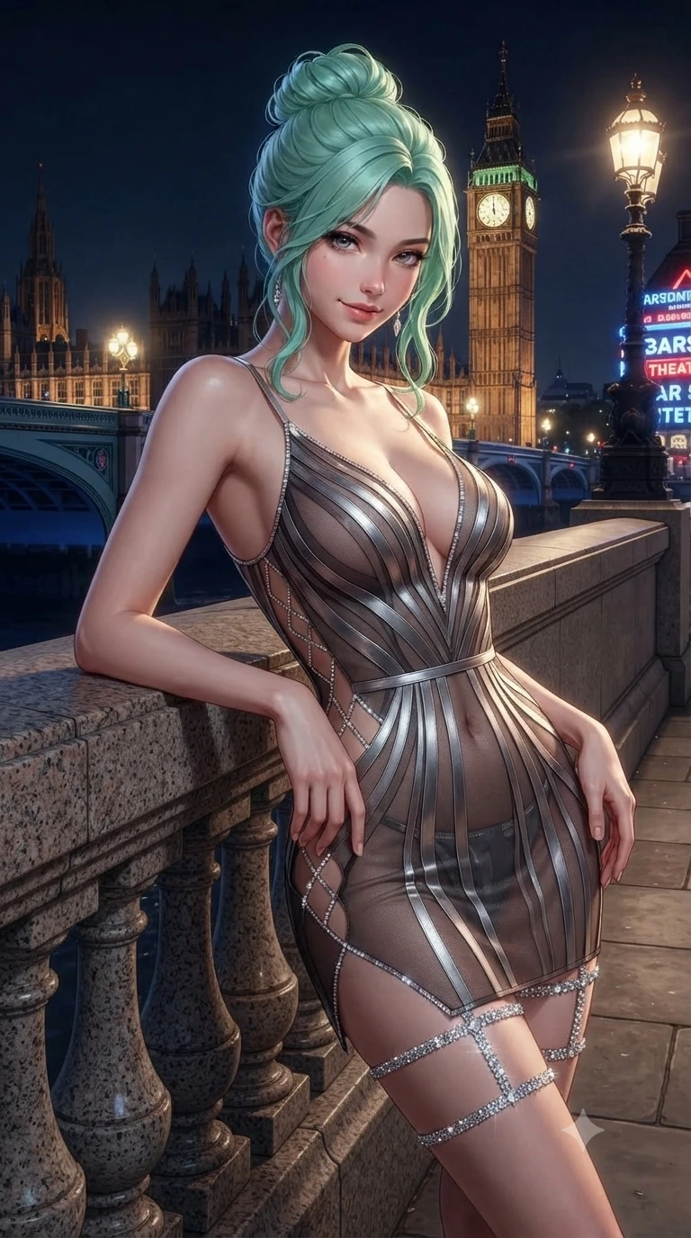 score_9, masterpiece, best quality, ultra-detailed, high-budget anime keyframe, editorial fashion photography, tasteful artistic composition, Japanese woman. close-up cowboy shot from the waist and thighs up, the character dominates the composition, filling the frame with her large presence. tilting her head with a teasing half-smile, running one hand slowly down the side of her hip in a flirtatious S-curve as ambient neon caresses her silhouette while resting one elbow on the granite river balustrade while arching her spine with dancer poise, her dark bedroom-eyes casting a magnetic sidelong glance. The surrounding environment is rendered in vivid detail and crisp panoramic clarity: detailed tailored bodice tailoring, fine leather grain on trousers, and London embankment architecture in razor-sharp precision. She has an exceptionally elegant, slender, and willowy female figure with an ultra-slim waist, flat toned midriff, narrow ribcage, and sculpted feminine hips creating an alluring, slim hourglass silhouette without bulk. sharp v-shaped jawline, high-bridge nose, intricate jewel-like dark sparkling eyes with dangerous depth, thick curled eyelashes, glossy parted lips with a rich wine sheen, smoldering seductive half-smile with bedroom-eyes, exuding effortless superiority and intoxicating dark allure, flawlessly proportioned anatomical accuracy, strict slender model proportions, natural body alignment, perfectly sculpted long slender limbs, ultra-slim waistline, clean dynamic posture without body distortion. wearing a plunge-front sheer illusion tulle slip dress with liquid platinum ribbon stripes hugging her curves in liquid mercury chrome and smoky quartz, adorned with laser-cut diamond side panels revealing teasing glimpses of bare skin, finished with delicate crystal-encrusted thigh garter straps glinting in the neon glare, the impeccably tailored cut draping gracefully along her slender figure with aristocratic noir poise. bathed in cool ethereal cobalt bridge floodlights and warm golden promenade streetlights. ultra-reflective glossy finish, specular highlights, rich textural contrasts, high-contrast stereoscopic depth, volumetric dynamic lighting, 2k, ultra detail, master piece, 9:16 ratio