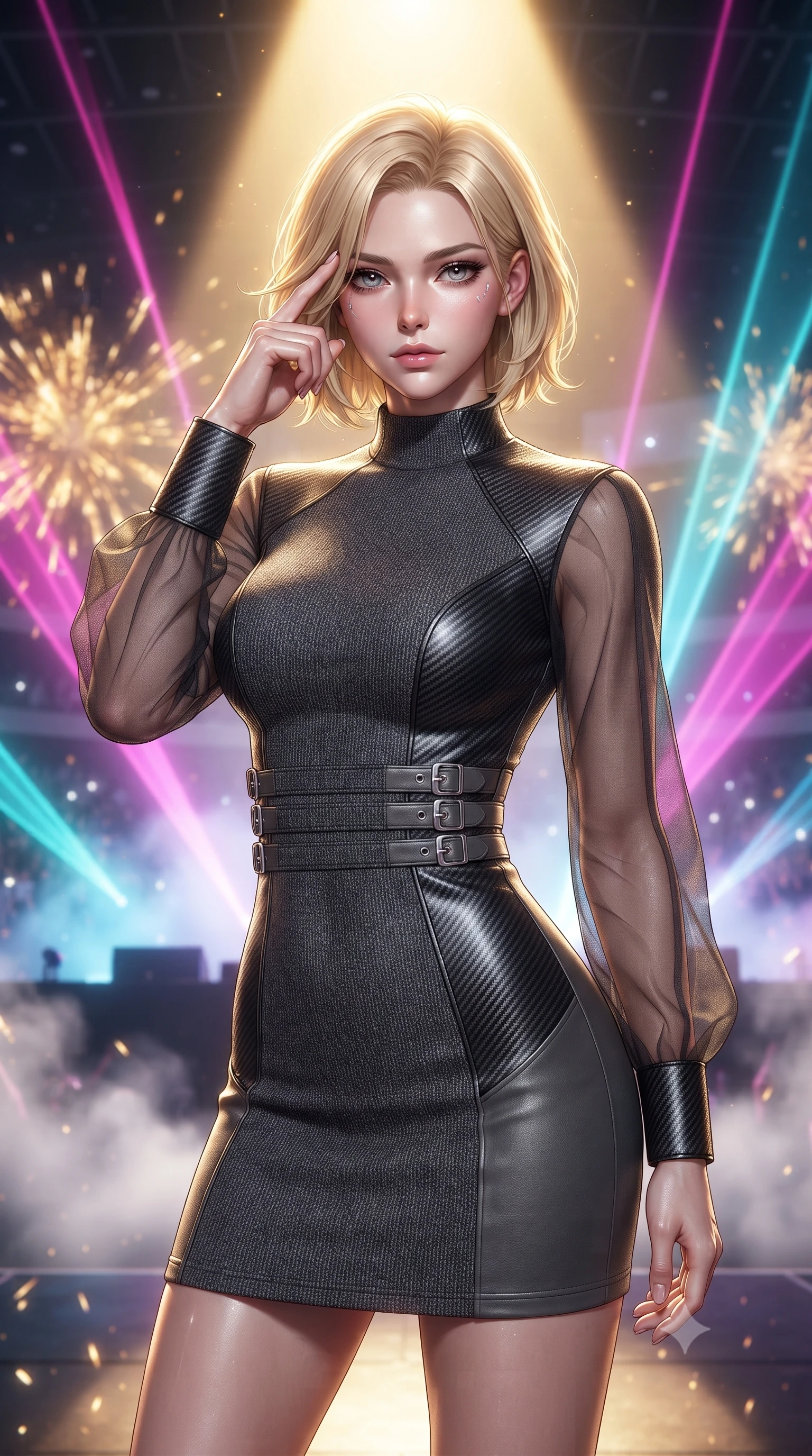 score_9, masterpiece, best quality, ultra-detailed, high-budget anime keyframe, editorial fashion photography, tasteful artistic composition, Caucasian woman. close-up cowboy shot from the waist and thighs up, the character dominates the composition, filling the frame with her large presence, background elements kept in soft focus. Pressing two fingers to her temple in a composed thoughtful gesture with an air of magnetic charisma standing in the spotlight on a massive stadium concert stage with background laser beams, intense volumetric laser beams cutting through stage fog in magenta and cyan. She has an exceptionally elegant, slender, and willowy female figure with an ultra-slim waist, a gracefully sculpted slender torso, and a refined silhouette. sharp v-shaped jawline, high-bridge nose, intricate jewel-like eyes with depth, thick eyelashes, glossy lips with a natural sheen. wearing a sleek bodycon knit dress with sheer organza sleeve panels in charcoal grey and platinum, made of fine carbon-fiber weave and soft matte leather, detailed with polished silver buckles along the waistline, the tailored fabric tightly following every curve of her athletic build. illuminated by golden spark explosions and high-contrast concert lighting. ultra-reflective glossy finish, specular highlights, metallic sheen, high-contrast stereoscopic depth, volumetric dynamic lighting, 2k, ultra detail, master piece, 9:16 ratio