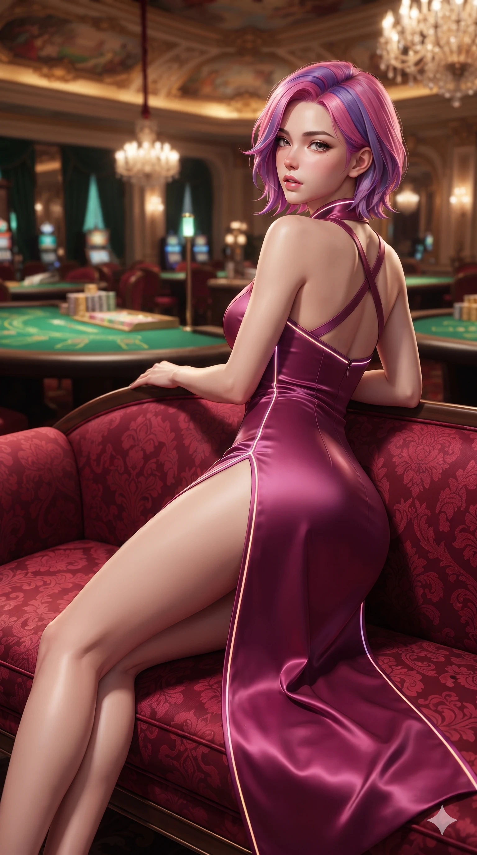 score_9, masterpiece, best quality, ultra-detailed, high-budget anime keyframe, editorial fashion photography, tasteful artistic composition, Caucasian woman. close-up cowboy shot from the waist and thighs up, the character dominates the composition, filling the frame with her large presence. turning over a bare shoulder with an intoxicating, teasing smile, her soft hair framing her sharp jawline as her hips angle gracefully in a captivating contrapposto while lounging gracefully across the crimson damask settee propped on one elbow with legs extended, displaying her long slender limbs and statuesque presence. The composition keeps background elements in soft focus with creamy bokeh: green felt baccarat tables, stacks of mother-of-pearl casino plaques, and gilded rococo ceiling frescoes blurred into emerald, amber, and mahogany bokeh. She has an exceptionally elegant, slender, and willowy female figure with an ultra-slim waist, flat toned midriff, narrow ribcage, and sculpted feminine hips creating an alluring, slim hourglass silhouette without bulk. sharp v-shaped jawline, high-bridge nose, intricate jewel-like eyes with depth, thick eyelashes, glossy parted lips with a natural sheen, intensely captivating and seductive bedroom-eyes expression, flawlessly proportioned anatomical accuracy, strict slender model proportions, natural body alignment, perfectly sculpted long slender limbs, ultra-slim waistline, clean dynamic posture without body distortion. wearing a modernized cyber-qipao mini dress with an ultra-high side slit ascending to the hip and glowing piping in prismatic rose-quartz and alien peach, crafted from bespoke double-faced cashmere with an exceptionally soft tactile finish, finished with criss-cross back satin straps highlighting her graceful shoulder blades, the liquid-tight tailored fabric clinging flawlessly to her narrow waist and rounded feminine hips, emphasizing every millimeter of her sculpted slim hourglass curves without any bulky heaviness. bathed in soft 2400K chandelier warmth contrasted with crisp specular highlights dancing across her satin gown. ultra-reflective glossy finish, specular highlights, rich textural contrasts, high-contrast stereoscopic depth, volumetric dynamic lighting, 2k, ultra detail, master piece, 9:16 ratio