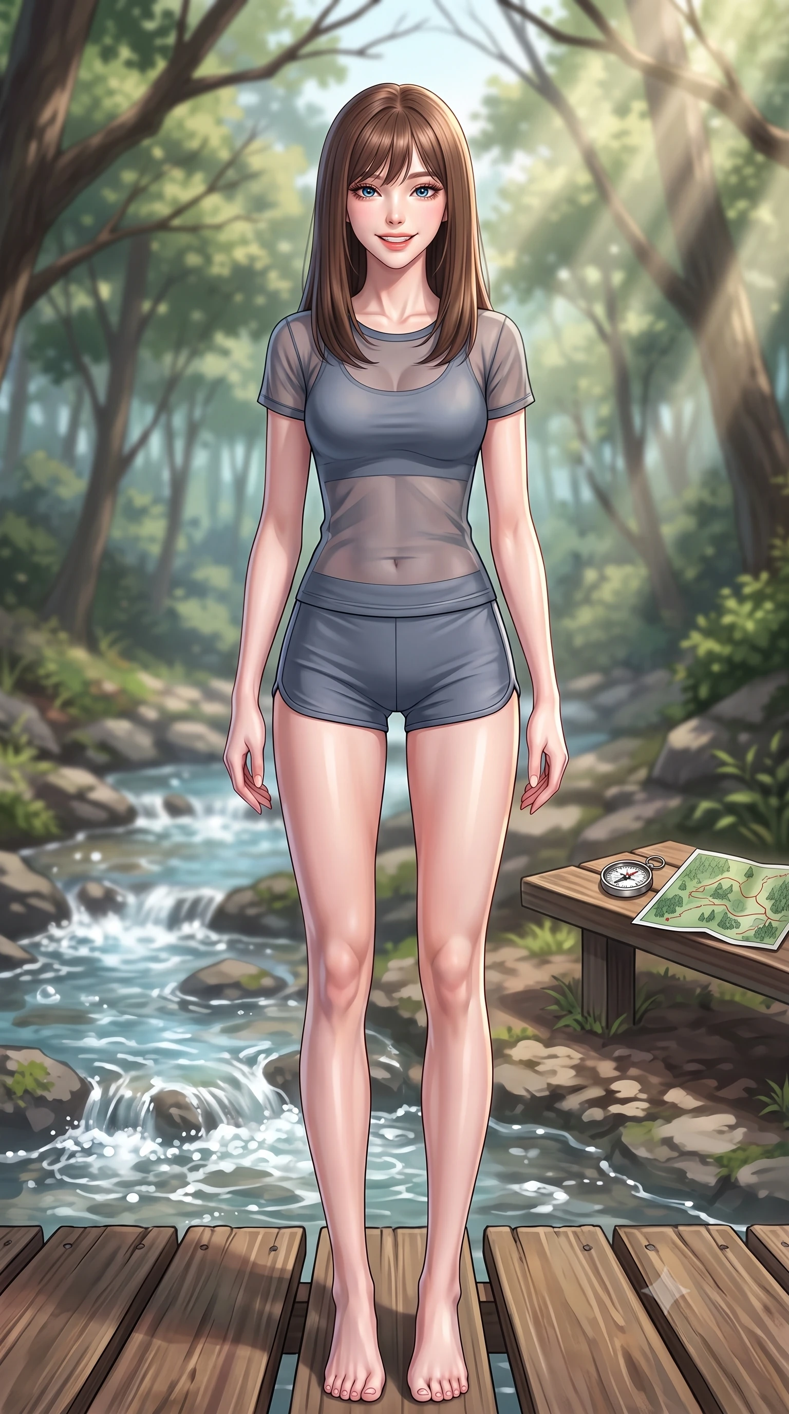score_9, masterpiece, best quality, ultra-detailed, high-budget anime keyframe, editorial fashion photography, tasteful artistic composition, Korean woman. low angle full-body shot from head to toe showing her feet, filling the entire 9:16 vertical frame with her statuesque presence, stretching her vertical silhouette. standing with a cute, bright pose, tilting her head with a beaming smile set against a soft-focus background of on a rustic wooden bridge crossing a shallow, bubbling valley stream with a small compass and a map of the forest trail on a nearby bench. She has an absolutely perfect, statuesque 8.5-heads proportion, an exceptionally tall and slender model-like female figure with impossibly long slender legs and an ultra-slim waist. sharp v-shaped jawline, high-bridge nose, intricate jewel-like eyes with depth, thick eyelashes, glossy lips with a natural sheen. wearing slim-fit sheer mesh athletic top in slate grey, worn over a slim-fit sports bralette and shorts. volumetric sunbeams creating beautiful light shafts through the tree branches. highly saturated vibrant anime colors, detailed shading with soft gradients, rich glossy textures, high-contrast stereoscopic depth, volumetric dynamic lighting, master piece, 9:16 ratio