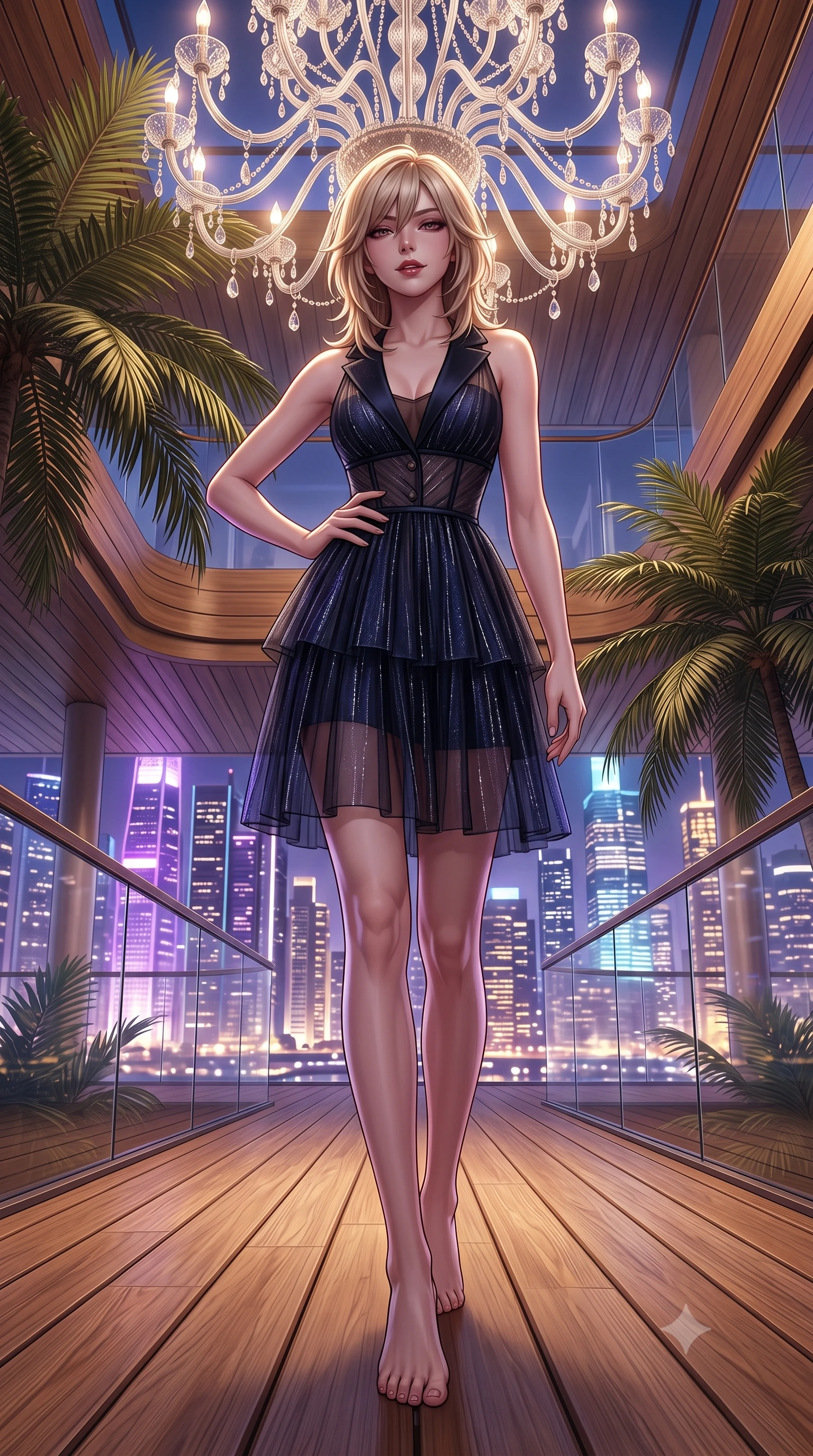 score_9, masterpiece, best quality, ultra-detailed, high-budget anime keyframe, semi-realistic 3D game render, editorial fashion photography, tasteful artistic composition, Japanese woman. low angle full-body shot from head to toe showing her feet, filling the entire 9:16 vertical frame with her statuesque presence, stretching her vertical silhouette. pausing mid-stride beneath the grand chandelier with one hand resting on her narrow waist, her arched hips and statuesque 8.5-heads presence commanding the 9:16 vertical frame while twisting her slender torso in an alluring contrapposto stance, midnight tropical breezes sculpting her fluid gown against her waist and curvy hips. The surrounding environment is rendered in vivid detail and crisp panoramic clarity. sharp teak boardwalk grain, palm frond structural venation, and glass parapet clarity in deep focus. She has an exceptionally tall and slender model-like 8.5-heads proportion, an ultra-slim waist, a flat toned midriff, narrow delicate ribcage, and beautifully sculpted feminine hips creating a graceful, slim hourglass silhouette without any bulky heaviness, with impossibly long slender legs. sharp v-shaped jawline, high-bridge nose, intricate jewel-like dark sparkling eyes with dangerous depth, thick curled eyelashes, glossy parted lips with a rich wine sheen, smoldering seductive half-smile with bedroom-eyes, exuding effortless superiority and intoxicating dark allure, flawlessly proportioned anatomical accuracy, strict slender model proportions, natural body alignment, perfectly sculpted long slender limbs, ultra-slim waistline, clean dynamic posture without body distortion. wearing a tiered semi-sheer black tulle and silk slip dress with an ultra-slim corseted waist and bare shoulders in midnight sapphire navy and chrome silver, woven from metallic lurex thread casting subtle starlight glints across the fabric, finished with sharp tailored peak lapels and subtle horn button accents, the form-fitting cut adhering flawlessly to her sculpted flat midriff and slender torso, emphasizing her long leg lines and perfectly proportioned willowy build. bathed in vibrant metropolitan skyline neon reflections and soft warm deck ambient wash. highly saturated vibrant anime colors, detailed shading with soft gradients, rich glossy textures, high-contrast stereoscopic depth, volumetric dynamic lighting, master piece, 9:16 ratio
