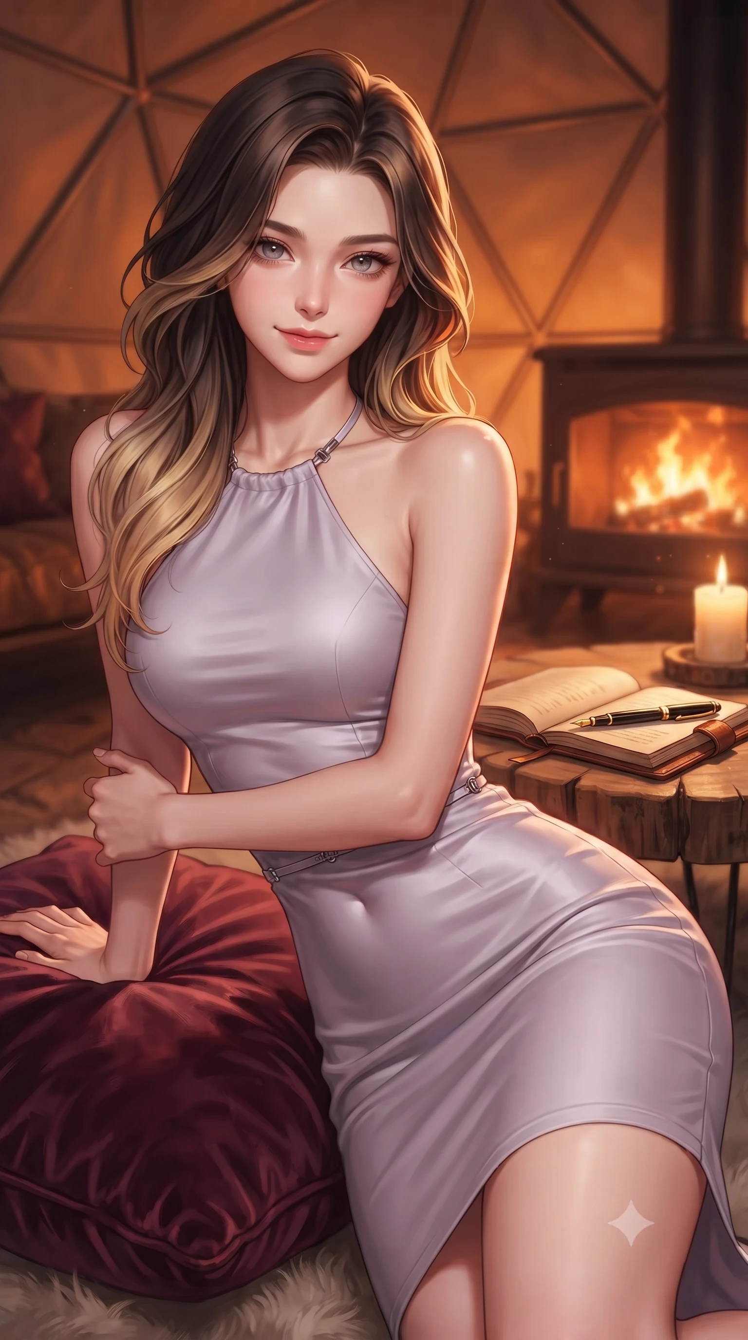 score_9, masterpiece, best quality, ultra-detailed, high-budget anime keyframe, editorial fashion photography, tasteful artistic composition, Korean woman. close-up cowboy shot from the waist and thighs up, the character dominates the composition, filling the frame with her large presence, background elements kept in soft focus. arching her back slightly while resting her elbow on a plush cushion, flashing a soft, sensual half-smile set against a soft-focus background of inside an exclusive geodesic dome with an open leather journal and a gold fountain pen sitting next to a candle. She has an exceptionally elegant, slender, and willowy female figure with an ultra-slim waist, a gracefully sculpted slender torso, and a refined silhouette. sharp v-shaped jawline, high-bridge nose, intricate jewel-like eyes with depth, thick eyelashes, glossy lips with a natural sheen. wearing body-hugging pale lavender matte silk form-contouring cashmere halter dress tracing her statuesque physique accented with delicate silver hardware. bathed in cozy, flickering fireplace light that paints the room in a warm orange wash. highly saturated vibrant anime colors, detailed shading with soft gradients, rich glossy textures, high-contrast stereoscopic depth, volumetric dynamic lighting, master piece, 9:16 ratio