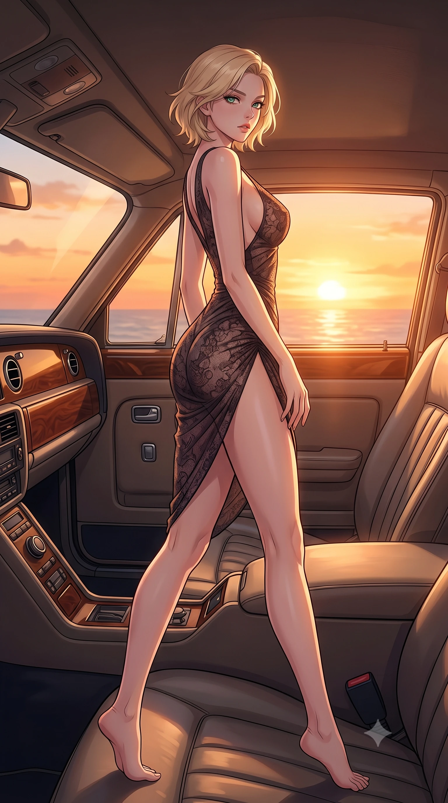 score_9, masterpiece, best quality, ultra-detailed, high-budget anime keyframe, tasteful artistic composition, Caucasian woman. low angle full-body shot from head to toe showing her feet, filling the entire 9:16 vertical frame with her statuesque presence, stretching her vertical silhouette. stepping gracefully while looking back over her shoulder, her dress draped tightly to reveal her silhouette the background shows a soft-focus the passenger seat of a luxury coupe overlooking the ocean horizon at sunset. She has an absolutely perfect, statuesque 8.5-heads proportion, an exceptionally tall and slender model-like female figure with impossibly long slender legs and an ultra-slim waist. sharp v-shaped jawline, high-bridge nose, intricate jewel-like eyes with depth, thick eyelashes, glossy lips with a natural sheen. wearing a body-hugging semi-opaque dark lace dress with a plunging neckline and high-cut leg line. warm sunset light filtering through the window, painting the interior in orange. highly saturated vibrant anime colors, cel-shading, 2d style, master piece, 9:16 ratio