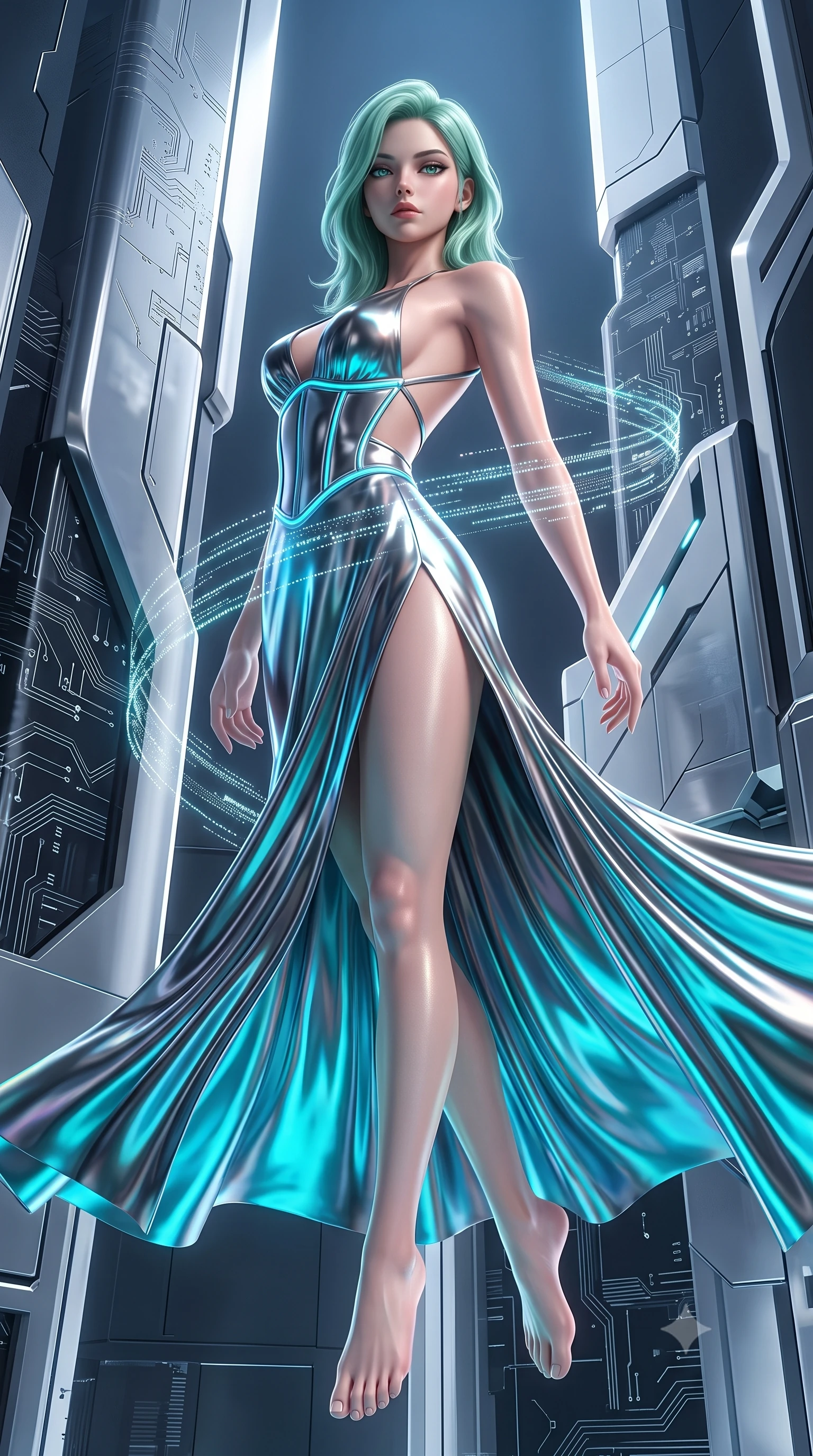 score_9, masterpiece, best quality, ultra-detailed, high-budget anime keyframe, semi-realistic 3D game render, editorial fashion photography, tasteful artistic composition, Japanese woman. low angle full-body shot from head to toe showing her feet, filling the entire 9:16 vertical frame with her statuesque presence, stretching her vertical silhouette. performing an alluring mid-air vault with flawless poise, looking directly into the camera with regal, divine intensity while arching her back gracefully in zero-gravity as streams of illuminated data particles trace her sculpted flat midriff and torso. The surrounding environment is rendered in vivid detail and crisp panoramic clarity. vibrant high-contrast cybernetic lighting and monumental quantum architecture in panoramic precision. She has an absolutely perfect, statuesque 8.5-heads proportion, an exceptionally tall and slender model-like female figure with impossibly long slender legs, a toned flat midriff, and an ultra-slim waist. sharp v-shaped jawline, high-bridge nose, intricate jewel-like eyes with depth, thick eyelashes, glossy lips with a natural sheen, flawlessly proportioned anatomical accuracy, strict slender model proportions, natural body alignment, perfectly sculpted long slender limbs, ultra-slim waistline, clean dynamic posture without body distortion. wearing a backless molten silver liquid-metal gown with a high-cut side slit and precision-fitted waist boning in polished mirror chrome and glowing electric cyan neon, made of smooth flowing silk chiffon that shifts colors with movement, complemented by criss-cross back straps highlighting her completely bare spine, the glove-like aerodynamic second-skin fit tightly clinging to her ultra-slender waist and athletic curves without adding bulk, accentuating her razor-sharp statuesque lines and slim hourglass silhouette. illuminated by sharp specular highlights tracing her ultra-slim waist, long legs, and sculpted collarbones. rich saturated anime colors with glowing neon highlights, detailed shading with soft gradients, rich glossy textures, high-contrast stereoscopic depth, volumetric dynamic lighting, master piece, 9:16 ratio