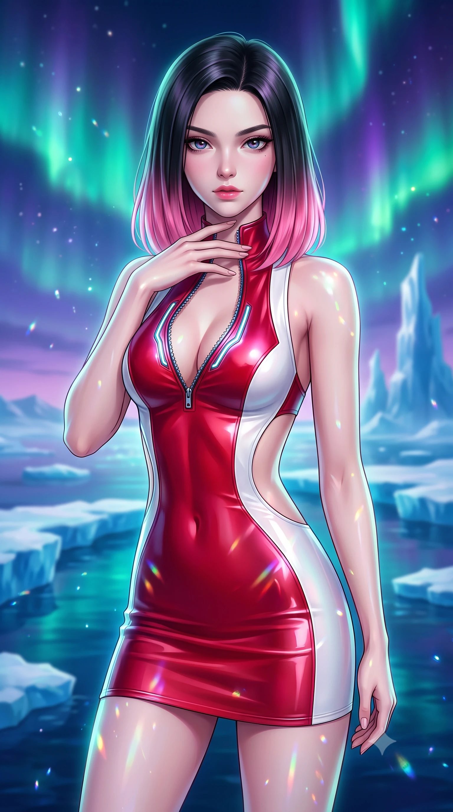 score_9, masterpiece, best quality, ultra-detailed, high-budget anime keyframe, semi-realistic 3D game render, editorial fashion photography, tasteful artistic composition, Korean woman. close-up cowboy shot from the waist and thighs up, the character dominates the composition, filling the frame with her large presence. gazing directly into the lens with bedroom eyes and a breathtaking, dangerous allure that commands the entire composition while resting her fingers lightly against her throat with a captivating, cool gaze overlooking an endless glowing arctic sea. The composition keeps background elements in soft focus with creamy bokeh. floating ice bridges and distant glacial spires softened in smooth atmospheric depth of field. She has an exceptionally elegant, slender, and willowy female figure with an ultra-slim waist, a gracefully sculpted slender torso, toned flat midriff, and a refined slim silhouette. sharp v-shaped jawline, high-bridge nose, intricate jewel-like eyes with depth, thick eyelashes, glossy lips with a natural sheen, flawlessly proportioned anatomical accuracy, strict slender model proportions, natural body alignment, perfectly sculpted long slender limbs, ultra-slim waistline, clean dynamic posture without body distortion. wearing a second-skin fashion-latex mini dress with a clean architectural front, featuring an open-back design that wraps around the sides of her waist, showcasing her slender silhouette in radiant crimson silk and crisp snow white, made of smooth iridescent silk chiffon that shifts colors with movement, featuring a dangerously unzipped neckline framed by glowing cybernetic accents, the form-contouring material adhering flawlessly to her sculpted flat midriff and slender torso, emphasizing her long leg lines and perfectly proportioned willowy build. bathed in glowing emerald and violet aurora borealis radiance and sparkling diamond-dust refractions. highly saturated vibrant anime colors, detailed shading with soft gradients, rich glossy textures, high-contrast stereoscopic depth, volumetric dynamic lighting, master piece, 9:16 ratio