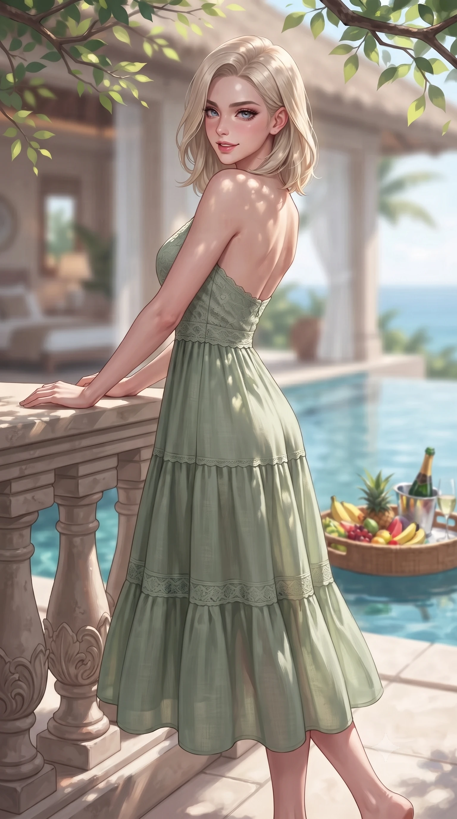 score_9, masterpiece, best quality, ultra-detailed, high-budget anime keyframe, editorial fashion photography, tasteful artistic composition, Caucasian woman. low angle full-body shot from head to toe showing her feet, filling the entire 9:16 vertical frame with her statuesque presence, stretching her vertical silhouette. leaning gracefully against the balcony railing with an alluring smile, casting a smoldering side-glance over her bare shoulder set against a soft-focus background of inside an exclusive vanity suite with a floating pool tray of tropical fruits and chilled wine in soft focus. She has an absolutely perfect, statuesque 8.5-heads proportion, an exceptionally tall and slender model-like female figure with impossibly long slender legs and an ultra-slim waist. sharp v-shaped jawline, high-bridge nose, intricate jewel-like eyes with depth, thick eyelashes, glossy lips with a natural sheen. wearing form-contouring sage green delicate lace flowy linen sundress with a comfortable tiered skirt silhouette featuring refined tailored seams. highlighted by dappled sunlight filtering through leafy branches, creating soft organic patterns. highly saturated vibrant anime colors, detailed shading with soft gradients, rich glossy textures, high-contrast stereoscopic depth, volumetric dynamic lighting, master piece, 9:16 ratio