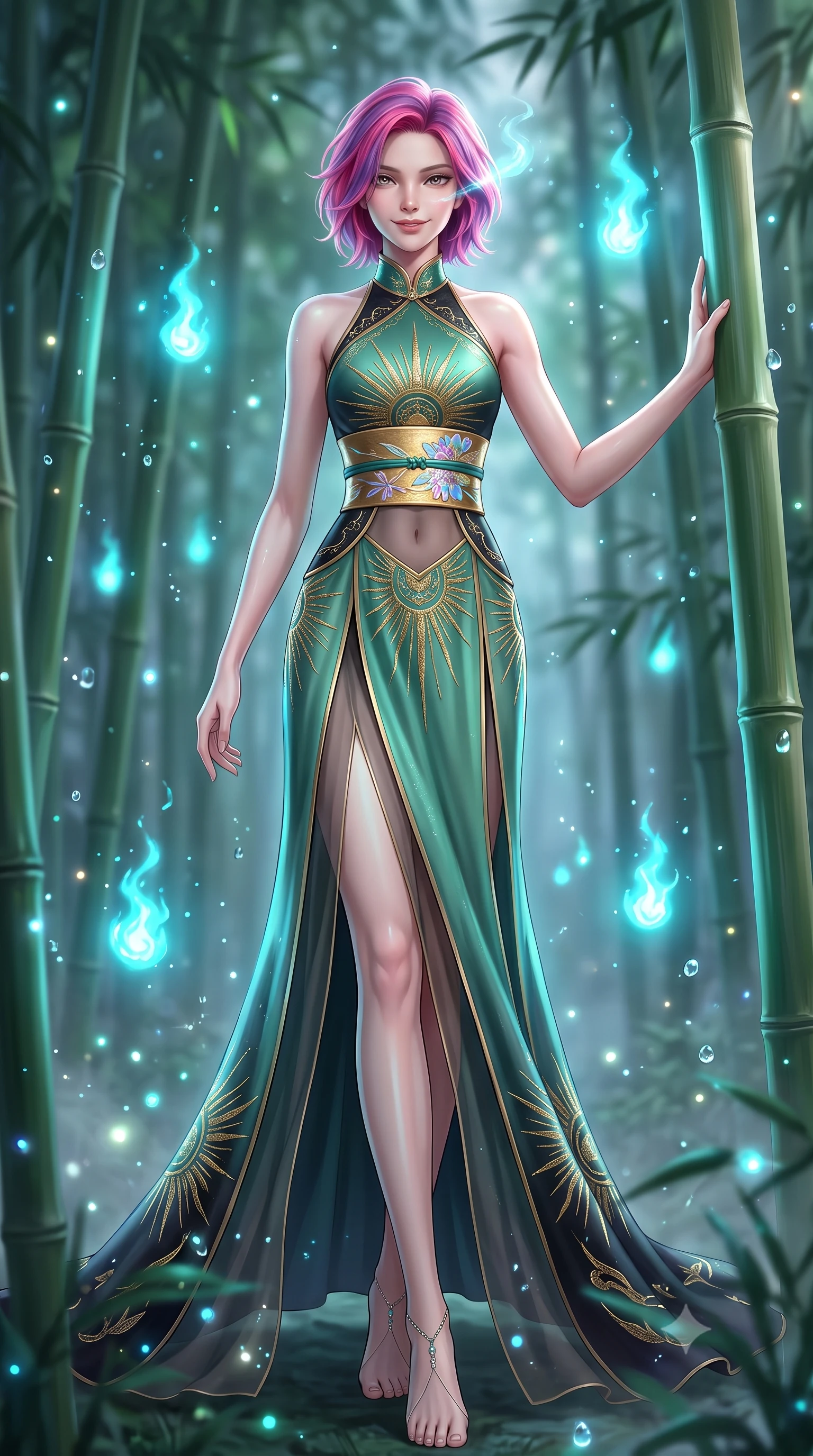 score_9, masterpiece, best quality, ultra-detailed, high-budget anime keyframe, semi-realistic 3D game render, editorial fashion photography, tasteful artistic composition, Caucasian woman. low angle full-body shot from head to toe showing her feet, filling the entire 9:16 vertical frame with her statuesque presence, stretching her vertical silhouette. stepping forward gracefully in mid-motion, displaying her toned flat midriff and flawlessly sculpted slender limbs while resting against a smooth bamboo trunk with a playful, enigmatic smile as spirit wisps illuminate her lovely face. The composition keeps background elements in soft focus with creamy bokeh. sparkling spirit flame embers and floating moisture droplets scattering enchanting light motes. She has an absolutely perfect, statuesque 8.5-heads proportion, an exceptionally tall and slender model-like female figure with impossibly long slender legs, a toned flat midriff, and an ultra-slim waist. sharp v-shaped jawline, high-bridge nose, intricate jewel-like eyes with depth, thick eyelashes, glossy lips with a natural sheen, captivating and magnetic expression, flawlessly proportioned anatomical accuracy, strict slender model proportions, natural body alignment, perfectly sculpted long slender limbs, ultra-slim waistline, clean dynamic posture without body distortion. wearing a celestial priestess halter gown with golden sunburst embroidery and sheer leg veils in jade green and dark obsidian, woven from fine mulberry silk with metallic thread embroidery, complemented by a wide metallic gold obi sash with holographic floral embroidery, the form-contouring material adhering flawlessly to her sculpted flat midriff and slender torso, emphasizing her long leg lines and perfectly proportioned willowy build. bathed in magical cyan spirit flame luminescence and soft moonlit fog fill. highly saturated vibrant anime colors, detailed shading with soft gradients, rich glossy textures, high-contrast stereoscopic depth, volumetric dynamic lighting, master piece, 9:16 ratio