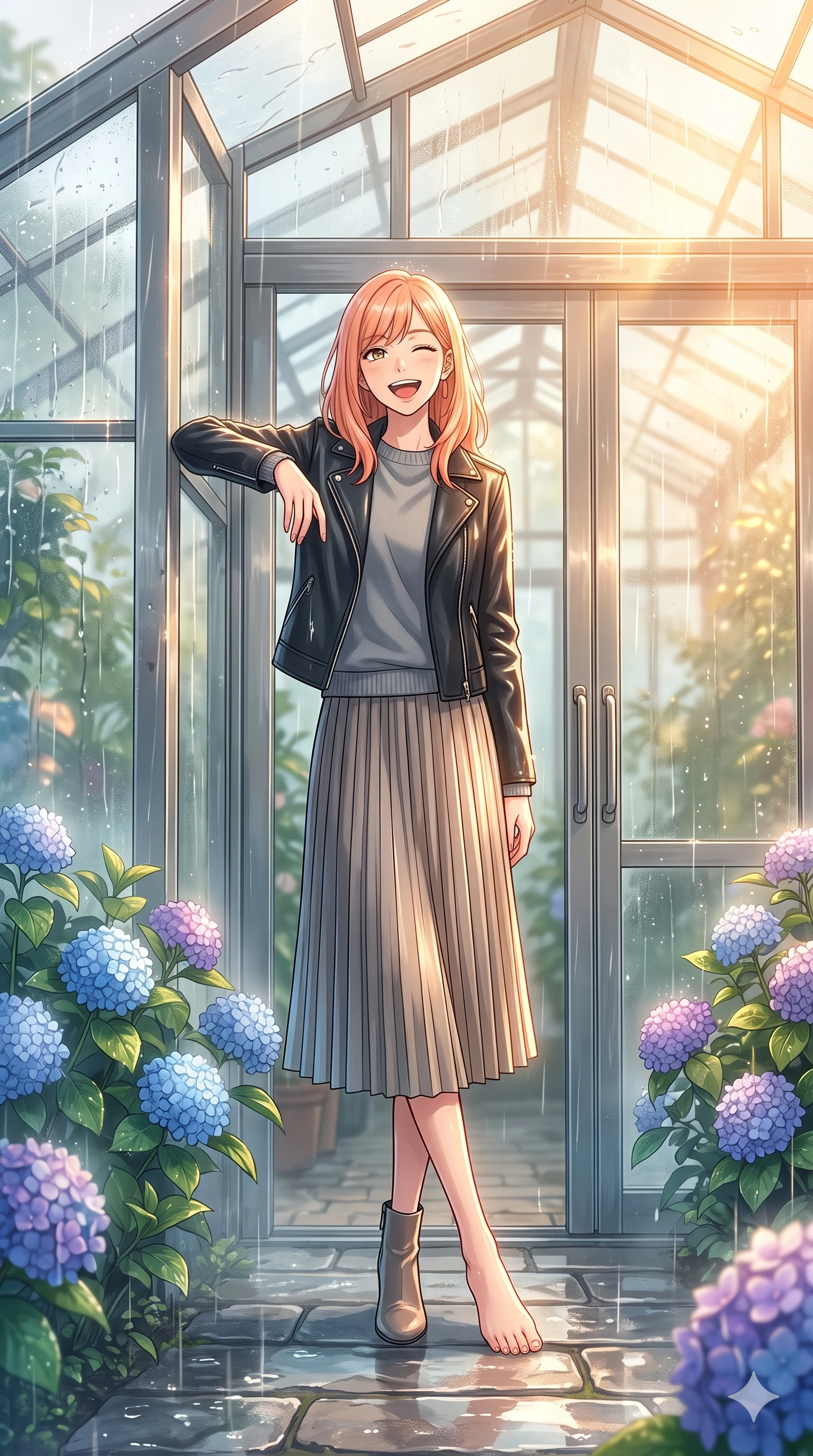 score_9, masterpiece, best quality, ultra-detailed, high-budget anime keyframe, vibrant anime aesthetic, Japanese woman. low angle full-body shot from head to toe showing her feet, filling the entire 9:16 vertical frame with her statuesque presence, stretching her vertical silhouette. She is leaning against a greenhouse frame, winking and laughing happily, her eyes glowing with lively energy surrounded by fresh morning mist. by a botanical conservatory entrance with large glass double doors, surrounded by rain-drenched hydrangeas (Code-P22-024). She has an absolutely perfect 8-heads proportion, an exceptionally tall and slender female figure with impossibly long slender legs and an ultra-slim waist. V-shaped jawline, high-bridge nose, intricate jewel-like eyes with depth, thick eyelashes, glossy lips with a natural sheen. wearing a sleek black leather jacket over a grey crewneck sweater and a pleated midi skirt with stylish boots. She is drenched in bright, warm sun showers, casting sharp highlights on the raindrops, creating a warm, inviting, and atmospheric glow during a refreshing sun shower. 2k, ultra detail, master piece, 9:16 ratio