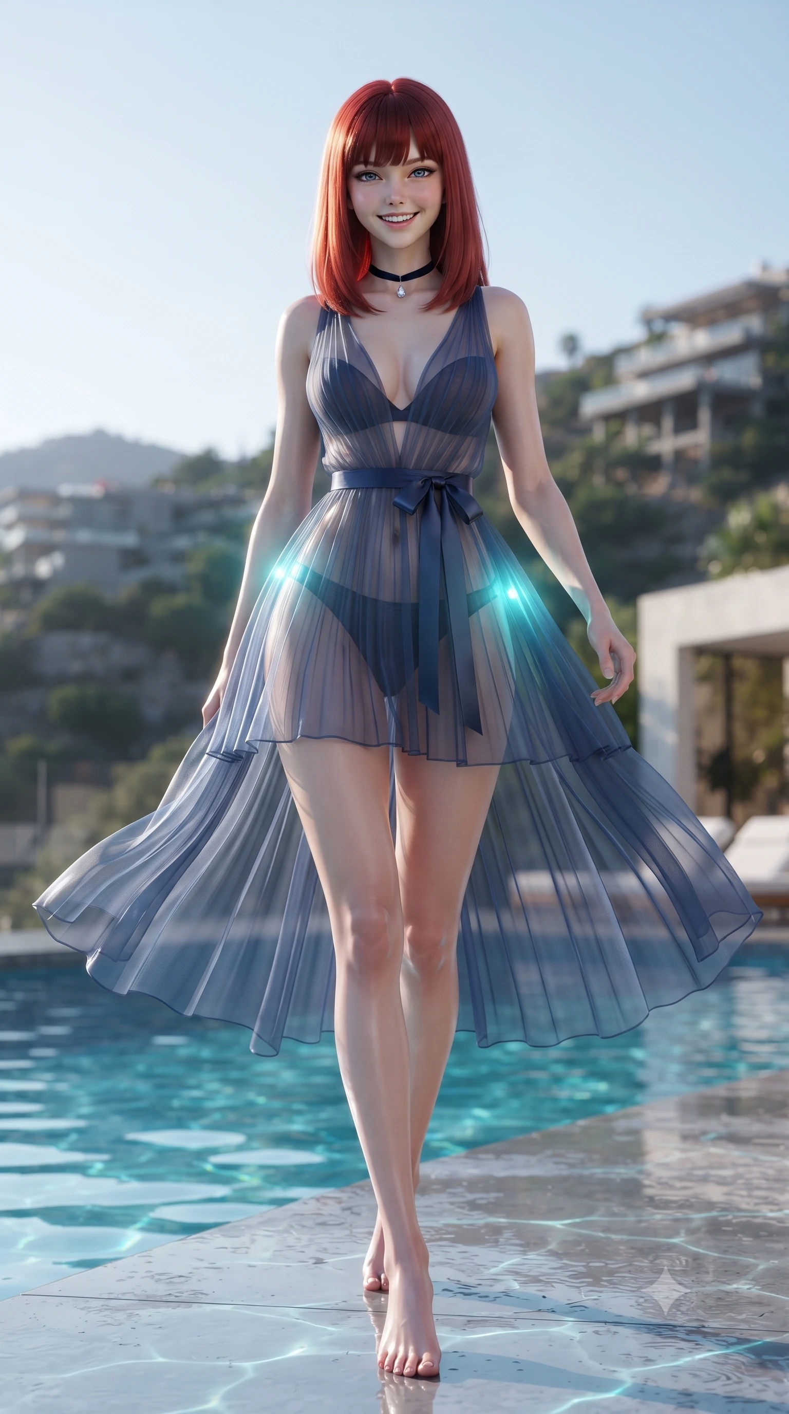 score_9, masterpiece, best quality, ultra-detailed, high-budget anime keyframe, editorial fashion photography, tasteful artistic composition, Caucasian woman. low angle full-body shot from head to toe showing her feet, filling the entire 9:16 vertical frame with her statuesque presence, stretching her vertical silhouette. stepping forward in a confident stride, her long slender legs and curvaceous hips creating a dynamic, sweeping vertical line while twisting her slender torso in an alluring contrapposto stance, glowing turquoise underwater pool lights wrapping around her narrow waist and hips. The surrounding environment is rendered in vivid detail and crisp panoramic clarity: detailed sheer organza boudoir peignoir drape, satin bralette cling, and hillside engineering in razor-sharp precision. She has an exceptionally tall and slender model-like 8.5-heads proportion, an ultra-slim waist, a flat toned midriff, narrow delicate ribcage, and beautifully sculpted feminine hips creating a graceful, slim hourglass silhouette without any bulky heaviness, with impossibly long slender legs. sharp v-shaped jawline, high-bridge nose, intricate jewel-like sparkling eyes with depth, thick eyelashes, glossy parted lips with a natural peach sheen, bright cheerful beaming smile with an enchanting and coquettish sensual glint, exuding both youthful cute charm and seductive allure, flawlessly proportioned anatomical accuracy, strict slender model proportions, natural body alignment, perfectly sculpted long slender limbs, ultra-slim waistline, clean dynamic posture without body distortion. wearing a sheer pleated chiffon baby-doll dress with a plunging sweetheart neckline and satin ribbon waist tie in moonlit Grand Canal sapphire navy and liquid platinum, crafted from translucent silk organza with an ethereal crystalline sheen, finished with a thin velvet ribbon choker and a single teardrop diamond pendant, the glove-like clinging cut tightly following the natural contour of her hips and long slender legs with youthful 8.5-heads elegance. illuminated by pool surface caustics bounce and sharp platinum-cyan rim lights defining her jawline, flat midriff, and feminine hips. ultra-reflective glossy finish, specular highlights, rich textural contrasts, high-contrast stereoscopic depth, volumetric dynamic lighting, 2k, ultra detail, master piece, 9:16 ratio