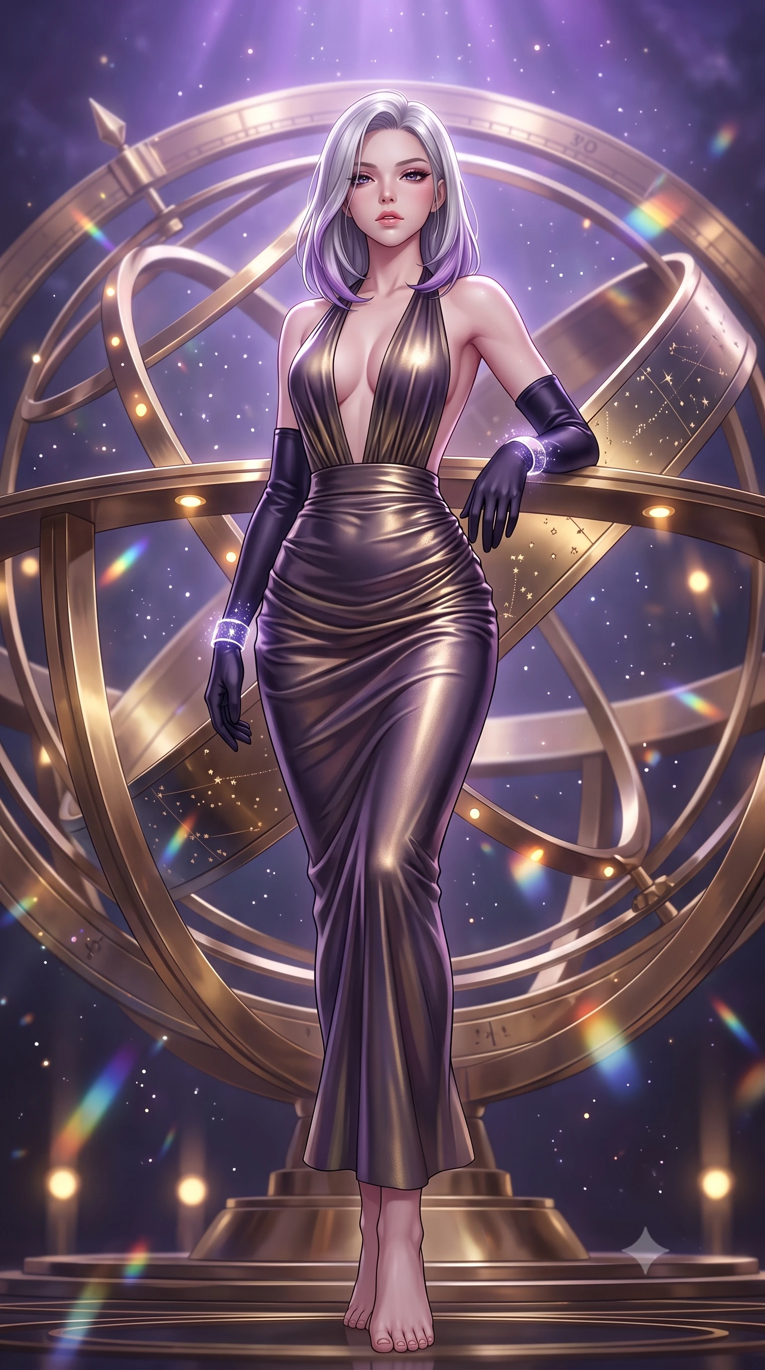 score_9, masterpiece, best quality, ultra-detailed, high-budget anime keyframe, semi-realistic 3D game render, editorial fashion photography, tasteful artistic composition, Caucasian woman. low angle full-body shot from head to toe showing her feet, filling the entire 9:16 vertical frame with her statuesque presence, stretching her vertical silhouette. striding forward in a proud supermodel runway stride, hips swaying in an alluring kinetic rhythm that accentuates her curvy hourglass silhouette while leaning back against the polished brass rings of a colossal rotating armillary sphere, hips tilted in a seductive contrapposto stance. The composition keeps background elements in soft focus with creamy bokeh. floating stardust flecks and prismatic telescope lens refractions scattering ethereal light motes. She has an absolutely perfect, statuesque 8.5-heads proportion, an exceptionally tall and slender model-like female figure with impossibly long slender legs, a toned flat midriff, an ultra-slim waist, and beautifully sculpted feminine hips. sharp v-shaped jawline, high-bridge nose, intricate jewel-like eyes with depth, thick eyelashes, glossy parted lips with a natural sheen, intensely captivating and seductive bedroom-eyes expression, flawlessly proportioned anatomical accuracy, strict slender model proportions, natural body alignment, perfectly sculpted long slender limbs, ultra-slim waistline, clean dynamic posture without body distortion. wearing a plunging halter-neck metallic lamé column dress with a dramatic bare spine and hip-defining ruching in dusky celestial plum and antique brass gold, crafted from second-skin supple lambskin leather with specular sheen, complemented by opera-length midnight satin gloves and glowing stardust cuffs, the second-skin form-contouring cut accentuating her sculpted flat midriff, narrow waistline, and dramatically curvy hips without adding bulk. bathed in cool violet nebula glow from above and warm golden brass indicator uplights. highly saturated vibrant anime colors, detailed shading with soft gradients, rich glossy textures, high-contrast stereoscopic depth, volumetric dynamic lighting, master piece, 9:16 ratio