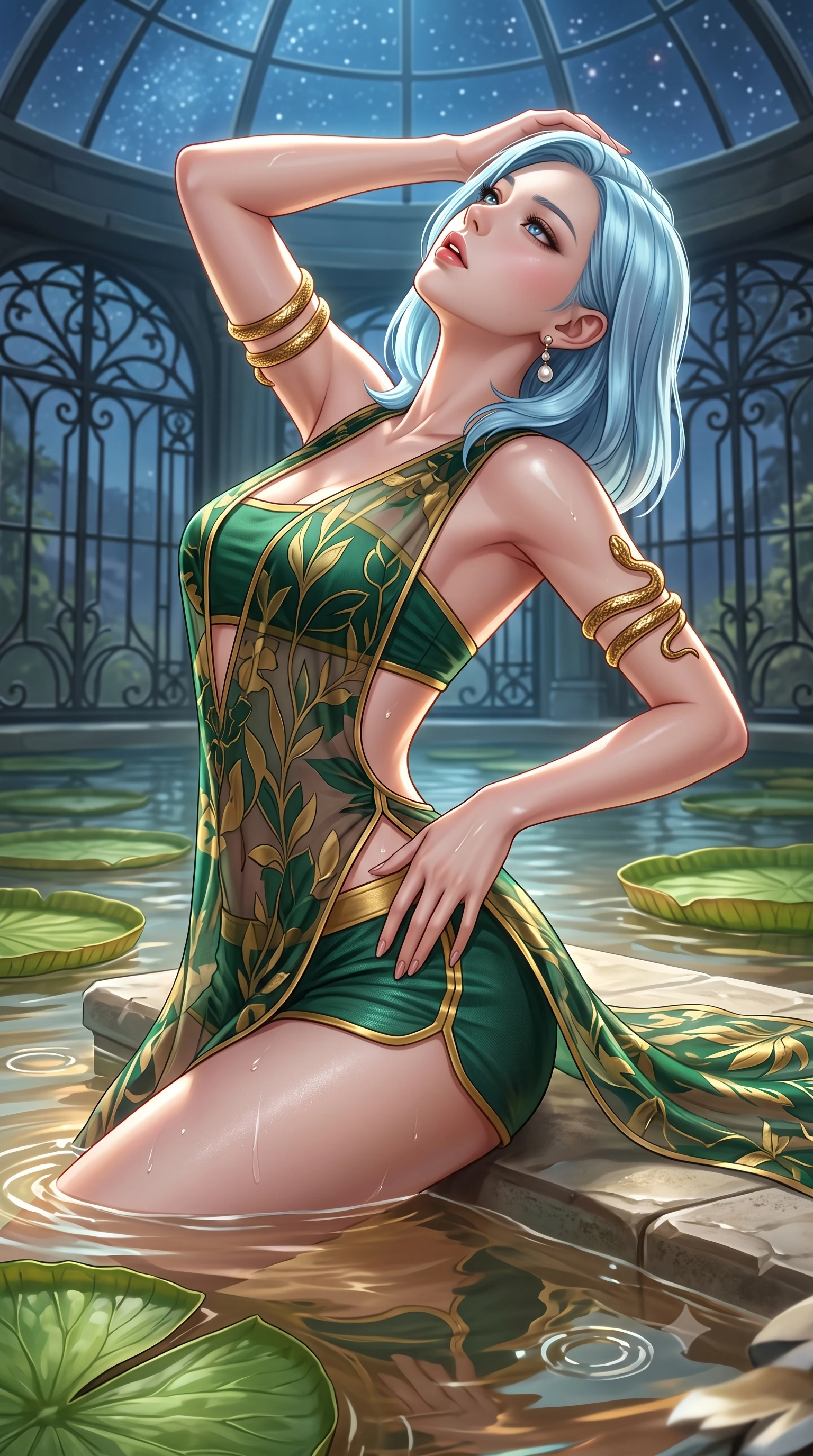 score_9, masterpiece, best quality, ultra-detailed, high-budget anime keyframe, semi-realistic 3D game render, editorial fashion photography, tasteful artistic composition, Korean woman. close-up cowboy shot from the waist and thighs up, the character dominates the composition, filling the frame with her large presence. arching her spine backward with effortless dancer poise, one hand sliding along her hip line as directional light carves specular highlights along her silhouette while resting on a submerged stone bench as warm water laps at her waist, head tilted back toward the starry glass dome with parted lips. The surrounding environment is rendered in vivid detail and crisp panoramic clarity. sharp water surface tension rings, giant lily pad vein textures, and wrought-iron window frames in deep focus. She has an exceptionally elegant, slender, and willowy female figure with an ultra-slim waist, a gracefully sculpted slender torso, toned flat midriff, and rounded feminine hips creating an alluring hourglass silhouette. sharp v-shaped jawline, high-bridge nose, intricate jewel-like eyes with depth, thick eyelashes, glossy parted lips with a natural sheen, intensely captivating and seductive bedroom-eyes expression, flawlessly proportioned anatomical accuracy, strict slender model proportions, natural body alignment, perfectly sculpted long slender limbs, ultra-slim waistline, clean dynamic posture without body distortion. wearing a sheer chiffon botanical coverup worn over a form-contouring gold-piped bandeau and micro-shorts in deep emerald green and polished brass gold, crafted from breathable crinkled linen and lightweight modal knit, complemented by sculpted gold serpent armlets and pearl drop earrings, the precision-cut side openings and low-back scoop framing her graceful spine and the sensual sweep of her hips. surrounded by an otherworldly, sensual, and exquisitely pure water-lily nymph aura. highly saturated vibrant anime colors, detailed shading with soft gradients, rich glossy textures, high-contrast stereoscopic depth, volumetric dynamic lighting, master piece, 9:16 ratio