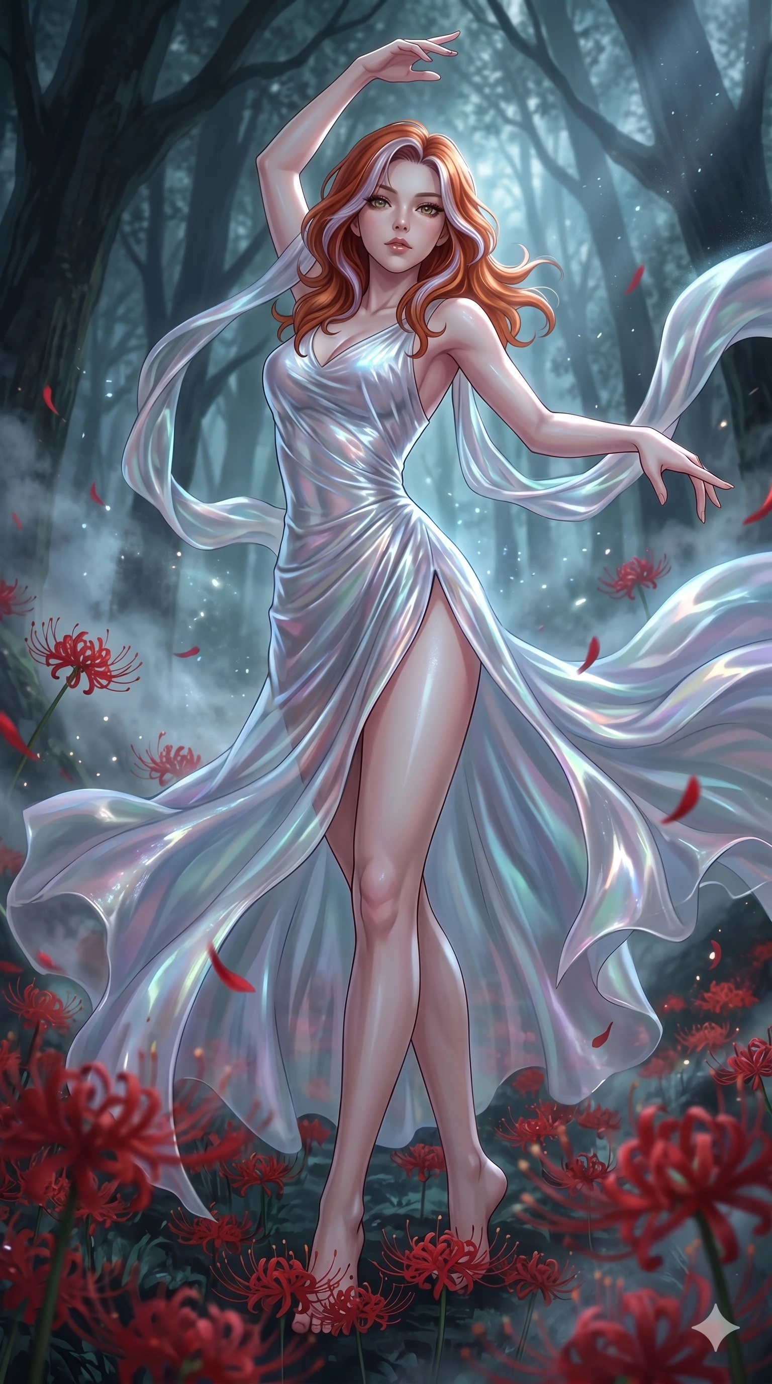 score_9, masterpiece, best quality, ultra-detailed, High-budget Anime Keyframe, East Asian woman. Low angle cowboy shot filling the entire 9:16 frame with her statuesque presence. Scenario 95: Dancing amidst falling red spider lilies in a misty dark forest. Her presence is magnetic and overpowering in this high-budget anime scene. Outfit 95: A shimmering chiffon bare with a thigh-high slit and wet-look texture. The clothing is designed to emphasize her exceptionally tall and slender 8-heads proportion. 8-heads proportion, towering silhouette, ultra-slim waist. sharp v-shaped jawline, intricate jewel-like eyes with depth, thick eyelashes, glossy lips. 2k, ultra detail, master piece, 9:16 ratio