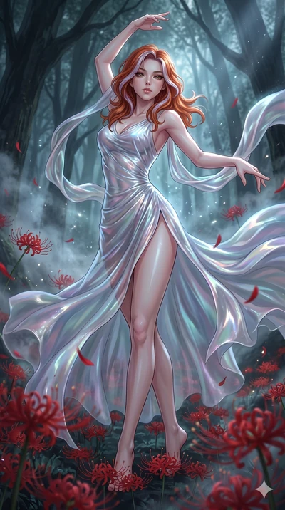 score_9, masterpiece, best quality, ultra-detailed, High-budget Anime Keyframe, East Asian woman. Low angle cowboy shot filling the entire 9:16 frame with her statuesque presence. Scenario 95: Dancing amidst falling red spider lilies in a misty dark 
