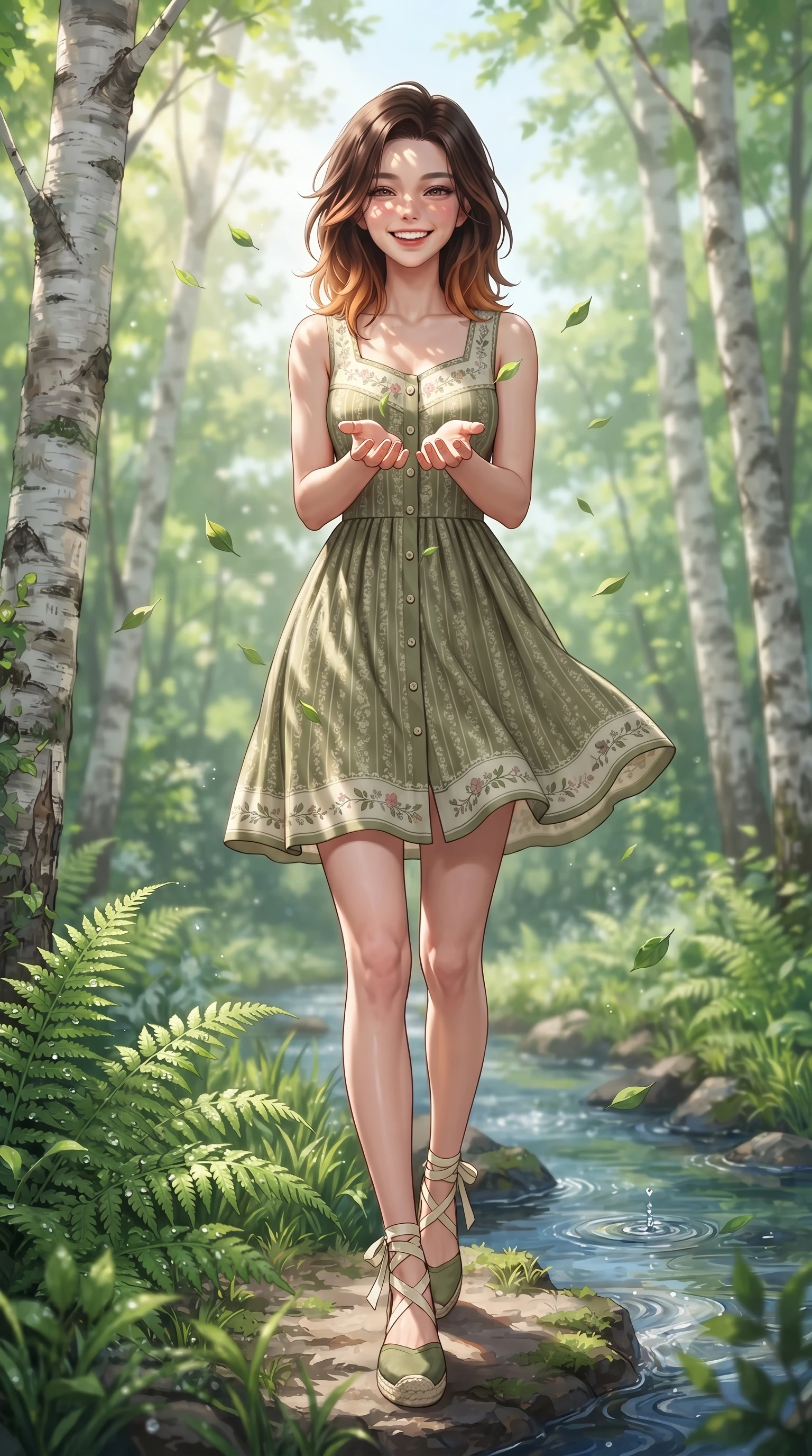 score_9, masterpiece, best quality, ultra-detailed, high-budget anime keyframe, editorial fashion photography, tasteful artistic composition, Korean woman. low angle full-body shot from head to toe showing her feet, filling the entire 9:16 vertical frame with her statuesque presence, stretching her vertical silhouette. walking forward in a cheerful, dynamic stride with a radiant beaming smile, her statuesque silhouette filling the frame while catching dancing sunbeams and falling green leaves with cupped hands in a joyful, dynamic pose. The surrounding environment is rendered in vivid detail and crisp panoramic clarity. distinct white birch bark textures, dewdrops on emerald fern fronds, and crystal stream ripples in deep focus. She has an absolutely perfect, statuesque 8.5-heads proportion, an exceptionally tall and slender model-like female figure with impossibly long slender legs, a toned flat midriff, and an ultra-slim waist. sharp v-shaped jawline, high-bridge nose, intricate jewel-like eyes with depth, thick eyelashes, glossy lips with a natural sheen, pure and lovely fresh girlhood expression, flawlessly proportioned anatomical accuracy, strict slender model proportions, natural body alignment, perfectly sculpted long slender limbs, ultra-slim waistline, clean dynamic posture without body distortion. wearing a vintage-inspired button-front cotton sundress with wide shoulder straps and side pockets in muted olive green and ivory cotton, tailored from soft pastel lightweight wool blend with subtle texture, complemented by subtle floral embroidery along the neckline and hem, the breezy lightweight fabric fluttering softly against her delicate collarbones, narrow waist, and feminine curves. illuminated by soft natural dappled forest light creating playful sun patterns across her face and dress. ultra-reflective glossy finish, specular highlights, rich natural textures, high-contrast stereoscopic depth, volumetric dynamic lighting, 2k, ultra detail, master piece, 9:16 ratio